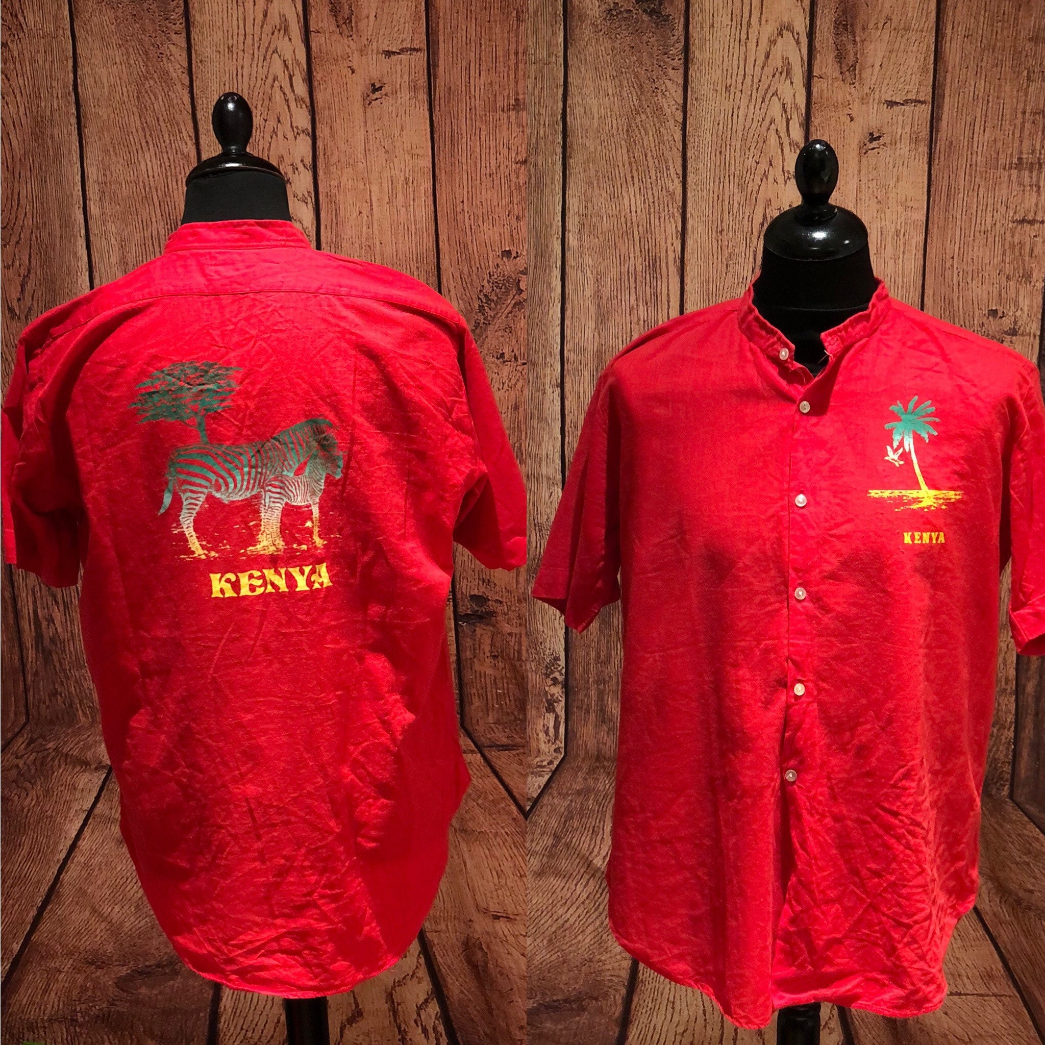 Image of 1970S 70S 80S Vintage Kenya Safari Souvenir Work Shirt Ruwenzori 100% Cotton Red Collarless Africa African Size Large
