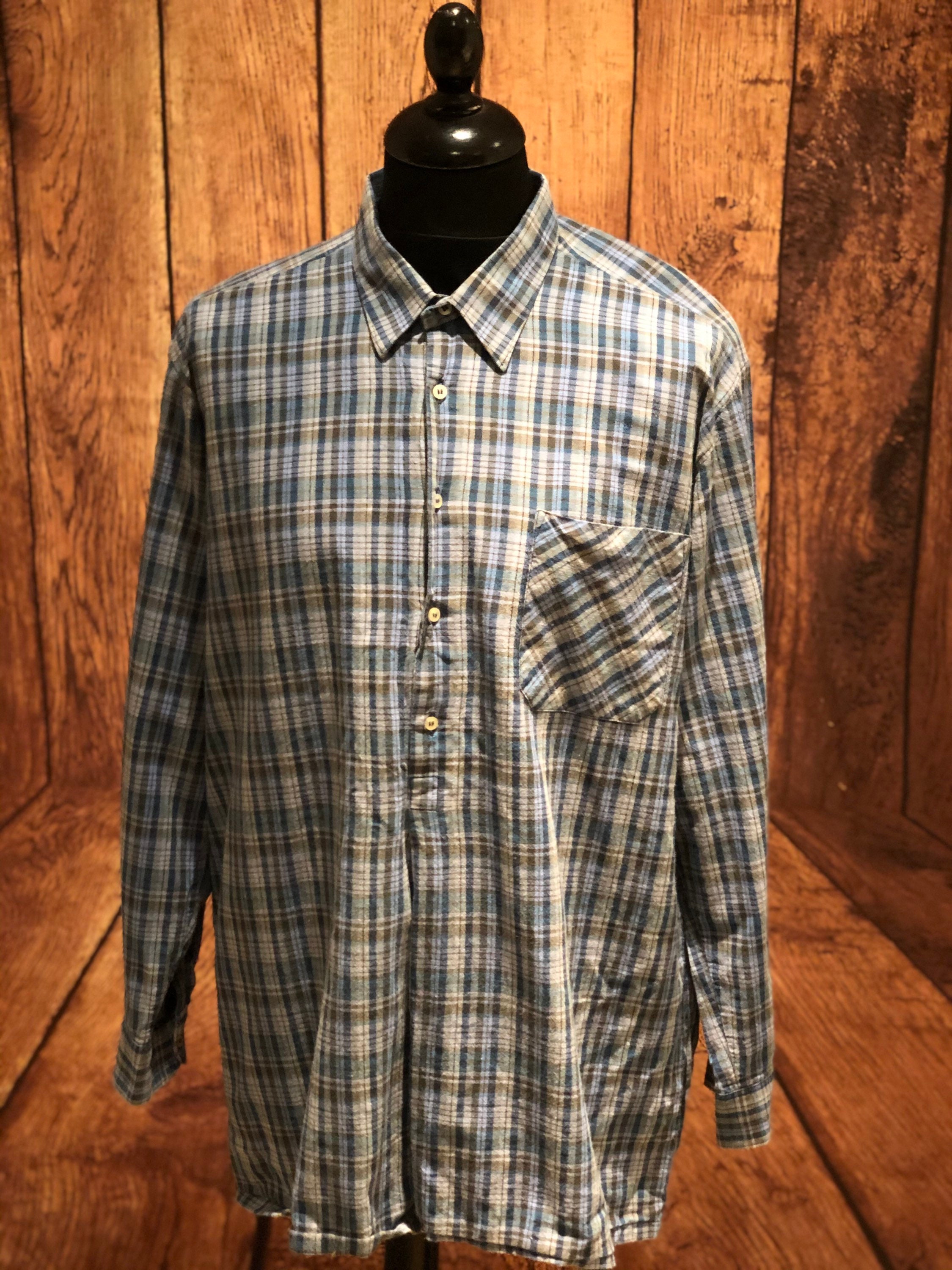 Image of 1970S 70S 80S Vintage Pullover Half Placket Workshirt Chore Workwear Fisherman Check Cotton 30S 40S 50S Style Size Large Xl