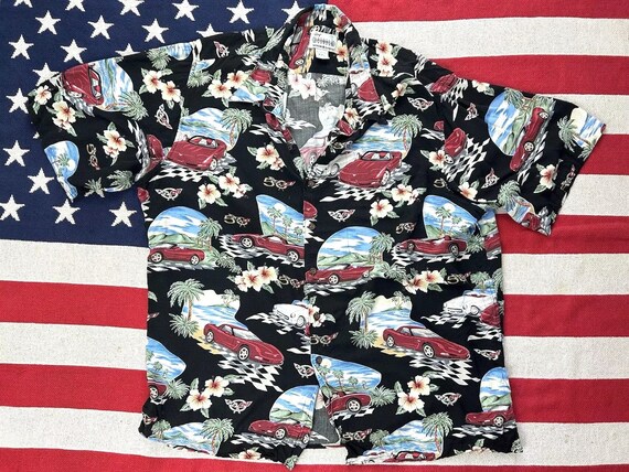 Reyn Spooner Mens Hawaiian Shirt Black Rayon Cars Palm Tree 90s 