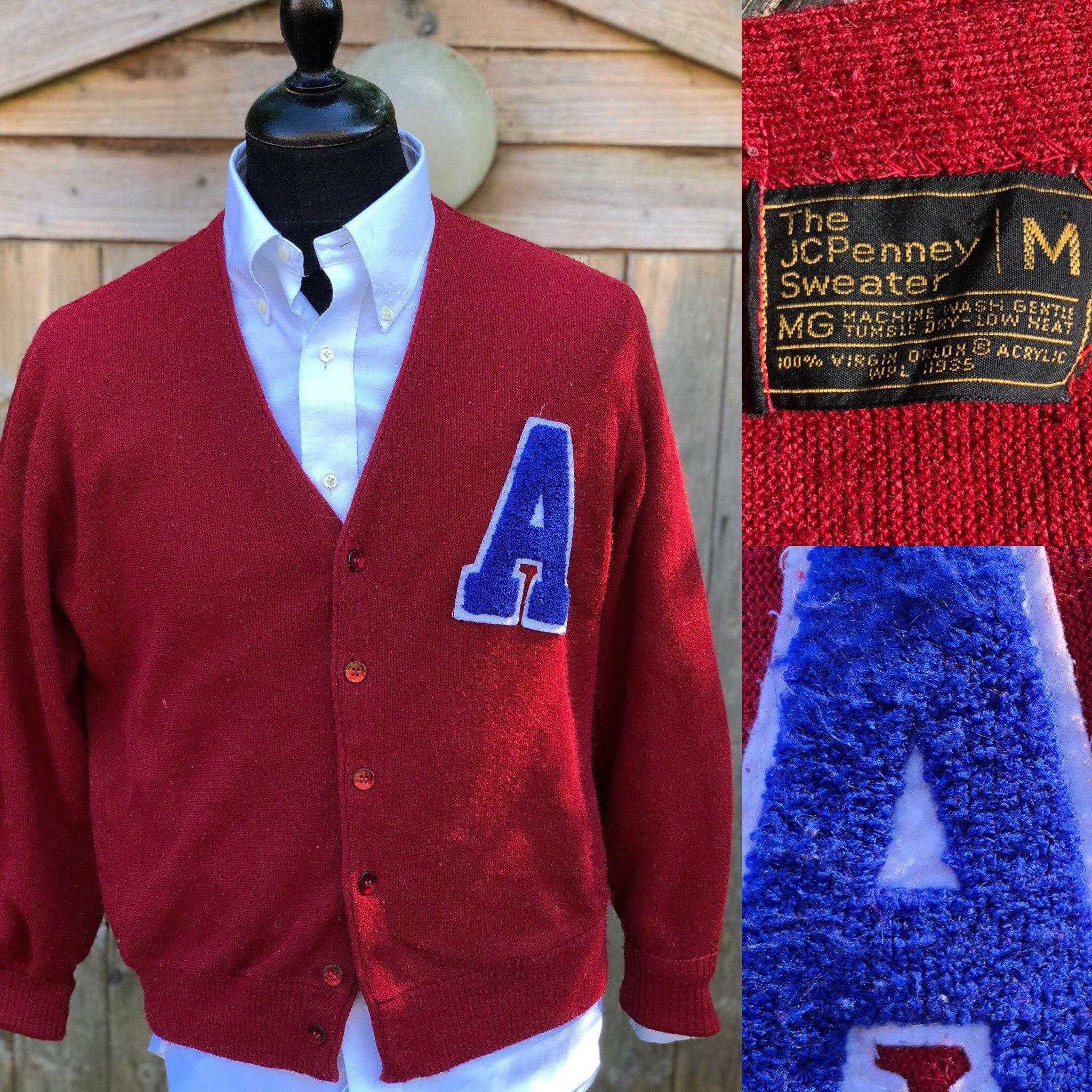 Image of 1960S 60S 70S Jc Penny Varsity Letterman School College A Letter Red Cardigan Mod Ivy League Preppy Trad Prep Size Medium