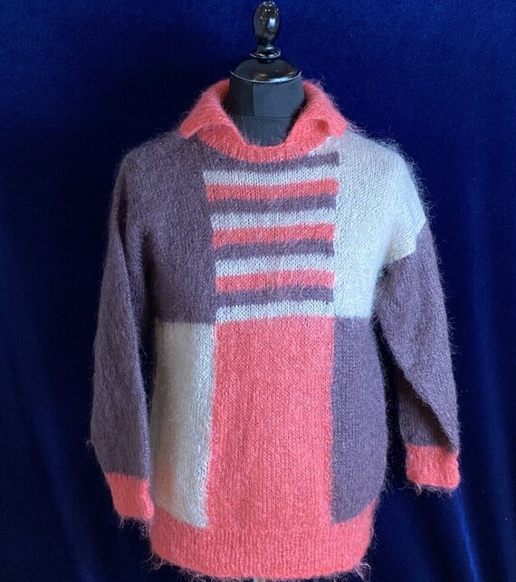 1970s - 80s handknitted mohair fuzzy pink brown p… - image 1