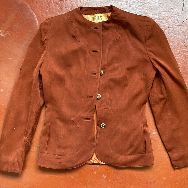 1940s Ward Bros Girls veste blazer originale en rayonne marron sur mesure Filles / adolescents taille S