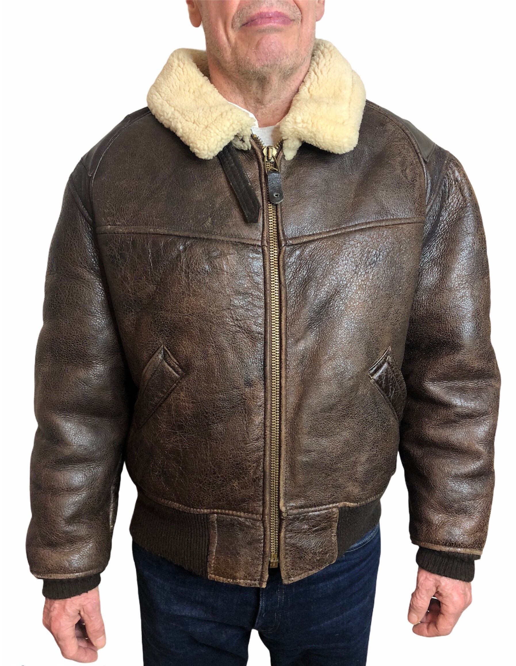 Image of 1980S Avirex B-6 B6 Made in Usa Military Sheepskin Shearling Brown Leather Flying Jacket Usaf Pilot Patina Patches 40S 50S 44’’ Xl
