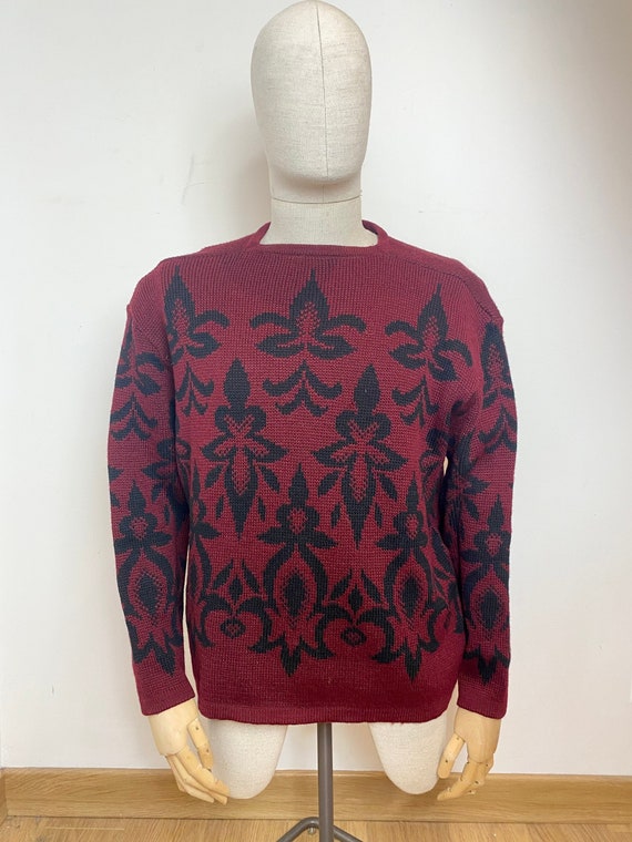 1960s 70s pure wool patterned burgundy and black … - image 1