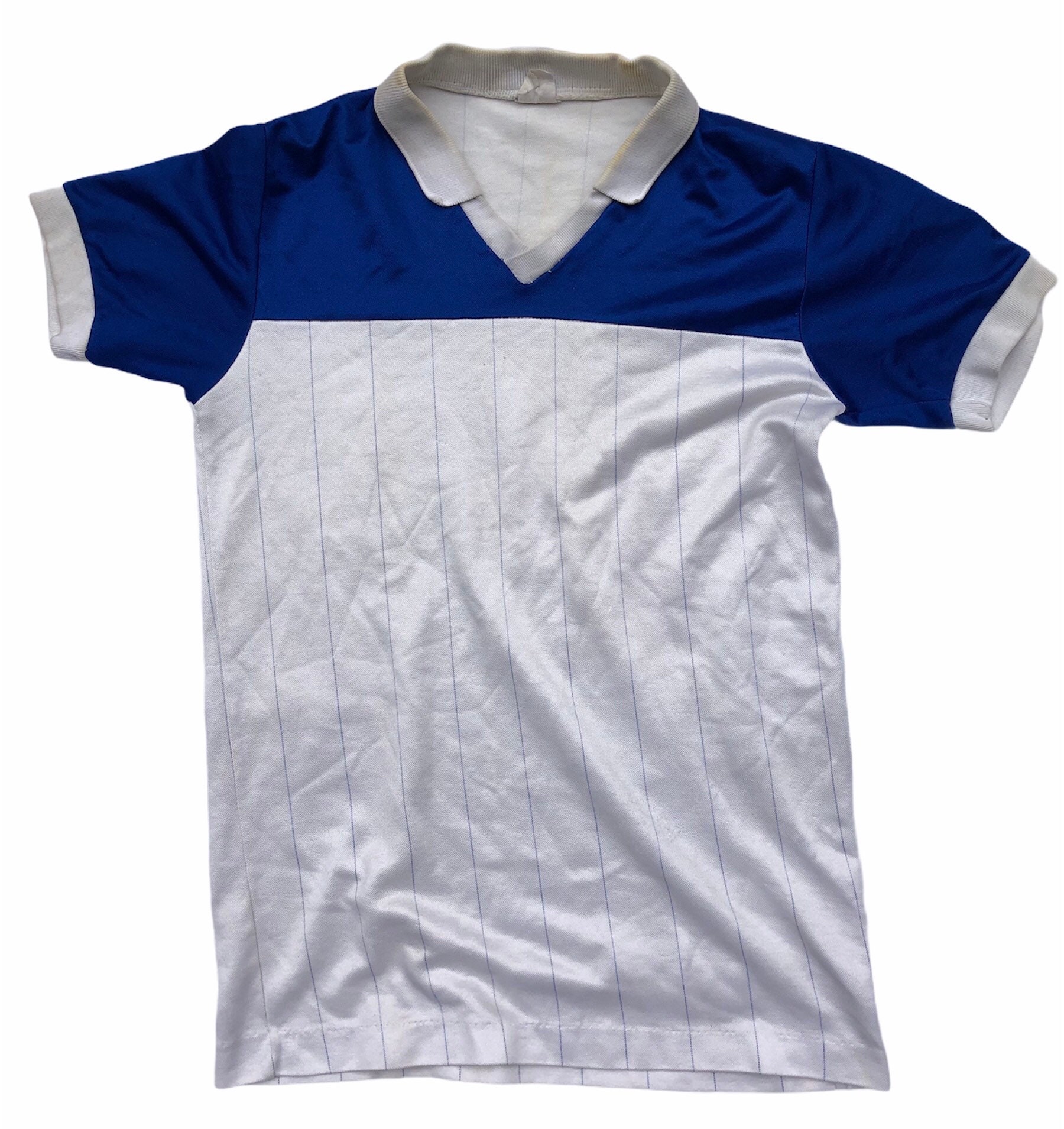 Image of 1970S 70S 80S Football Soccer Plain Jersey Athletic Sports Top Polo V Neck Blue White Size Small