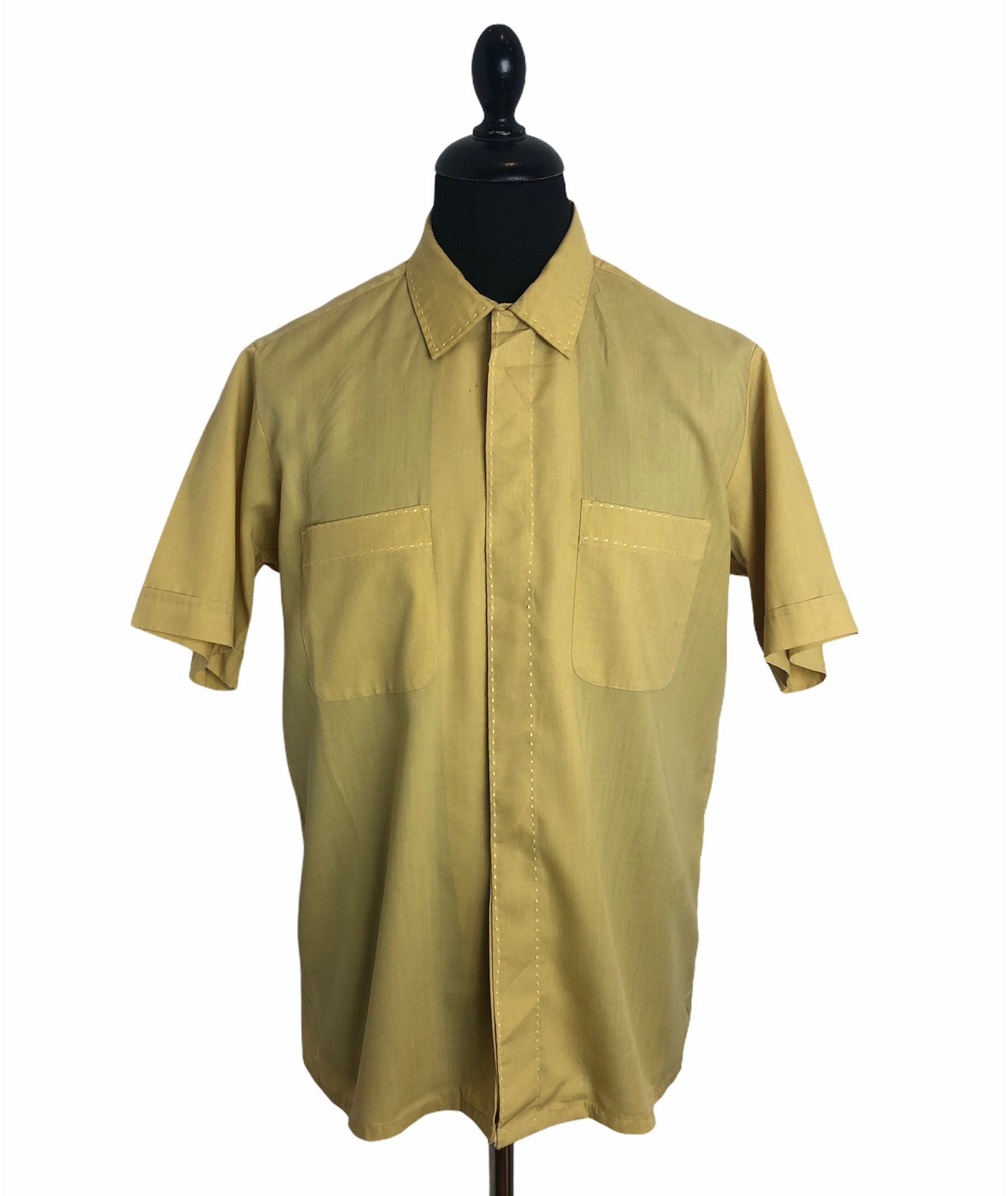 Image of 1950S 1960S Golden Yellow Fly Fronted Hidden Loop Collar Shirt 60S Mod Ratpack 50S Rockabilly Short Sleeve Permanent Press Large 16 16.5