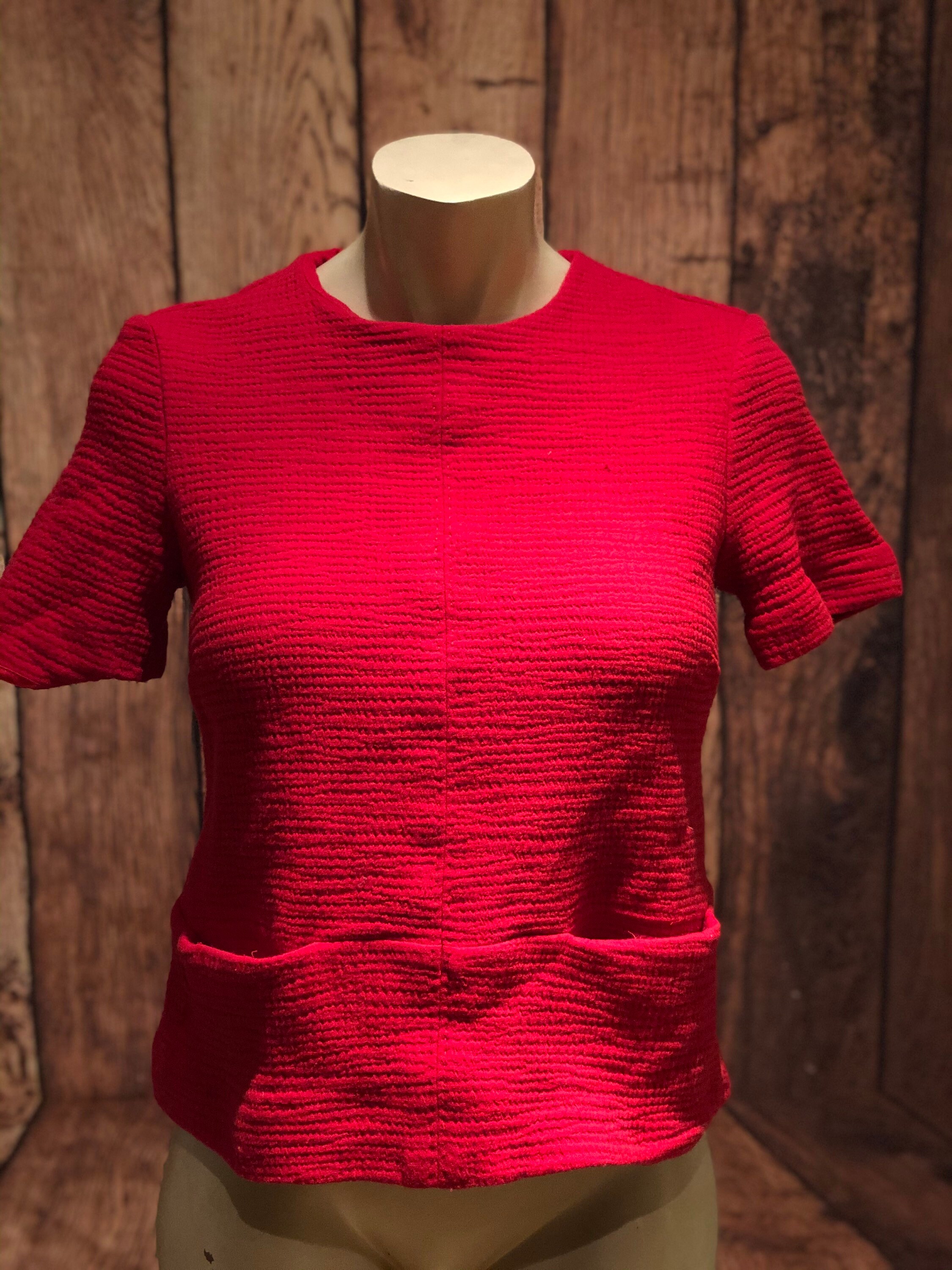 Image of Ladies Vintage Jaeger Red Woollen Wool Knitted Knit Stretchy Top Smart Formal Office Rockabilly S S Mod Style Size Medium