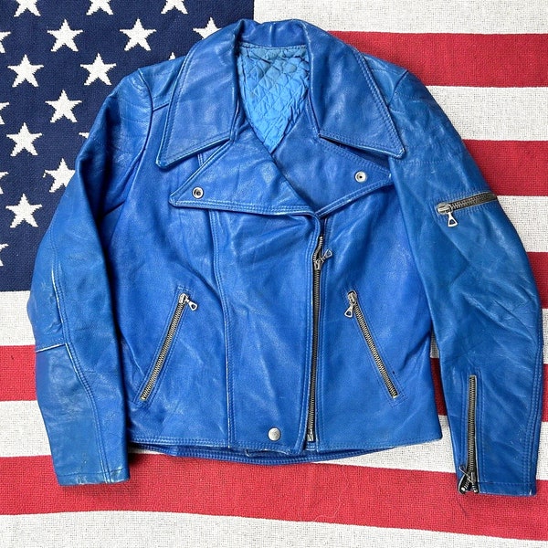 Blouson motard en cuir bleu des années 1970 perfecto de moto fabriqué en France pour femme S