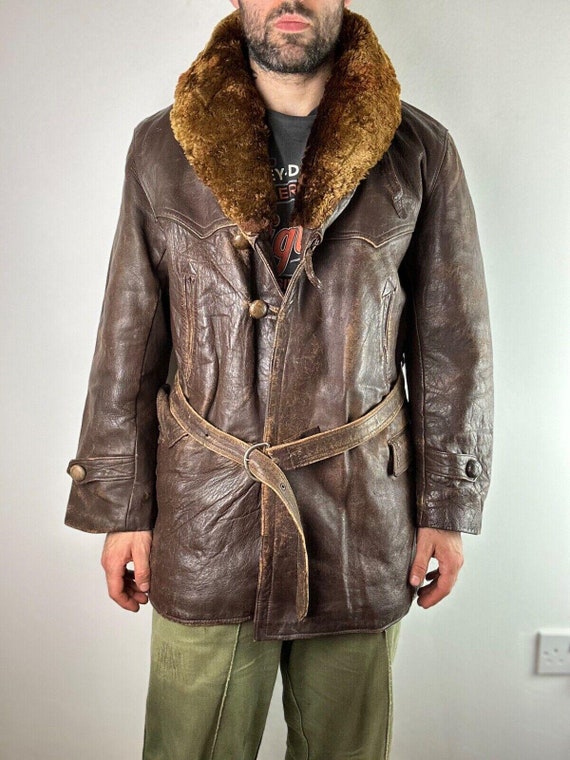 1950s Brown Leather Coat Barnstormer Shearling Collar Fur Trim 