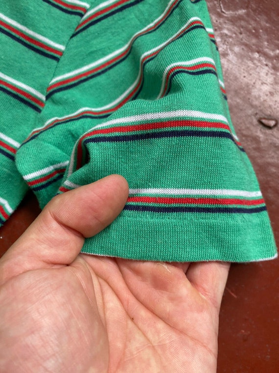 1970s - 80s Single stitch Green striped polo butt… - image 3