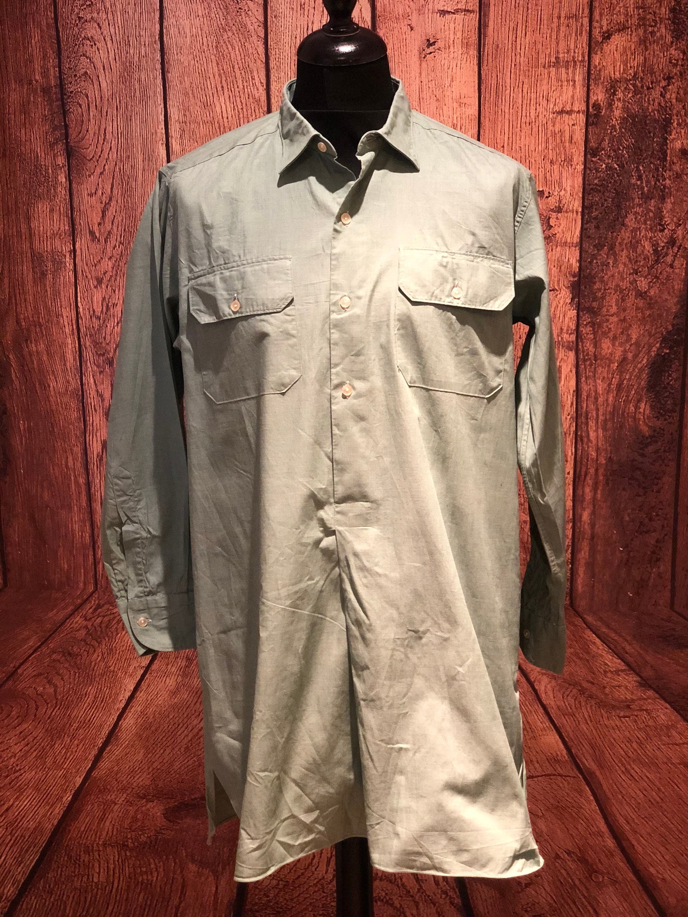 Image of 1950S 1960S 60S Half Placket Green Poplin Uniform Double Pocket Pullover Chore Workwear Surplus Military Shirt 40S 50S Style Size Large 16"