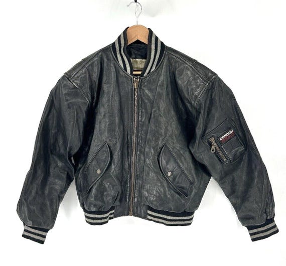 Cordon Gear Leather Bomber Jacket Grey Varsity 90s Vintage Cordon Gear Leather Bomber Jacket Grey Varsity 90s Vintage