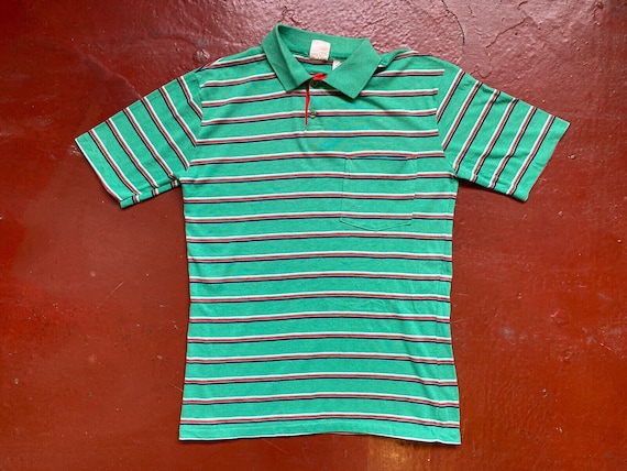 1970s - 80s Single stitch Green striped polo butt… - image 1