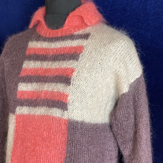 1970s - 80s handknitted mohair fuzzy pink brown p… - image 2