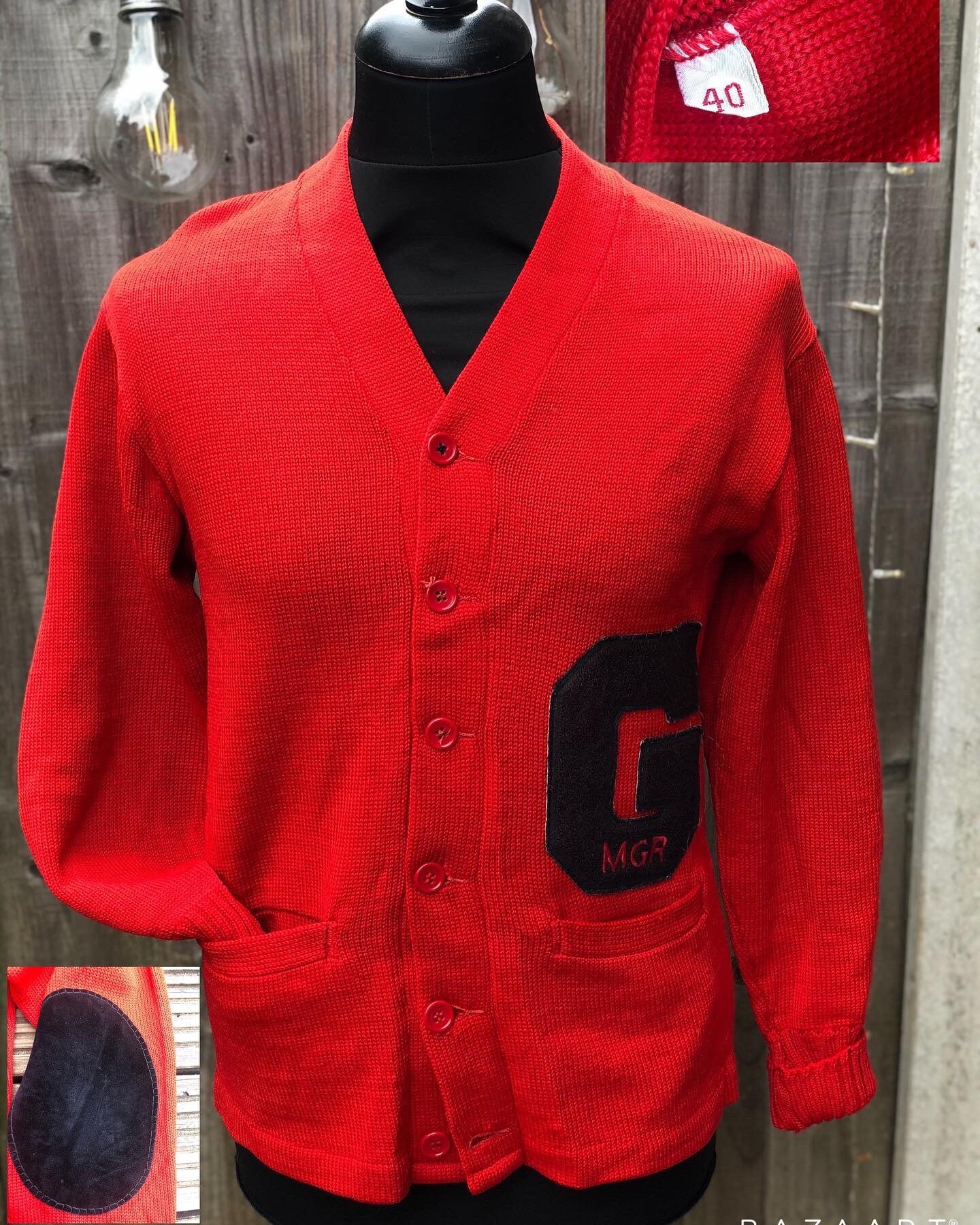 Image of 1950S 50S 60S 1960S College Varsity Wool Red School Knitted Cardigan Preppy Rockabilly Mod Elbow Patches Letterman Ivy League Size Medium