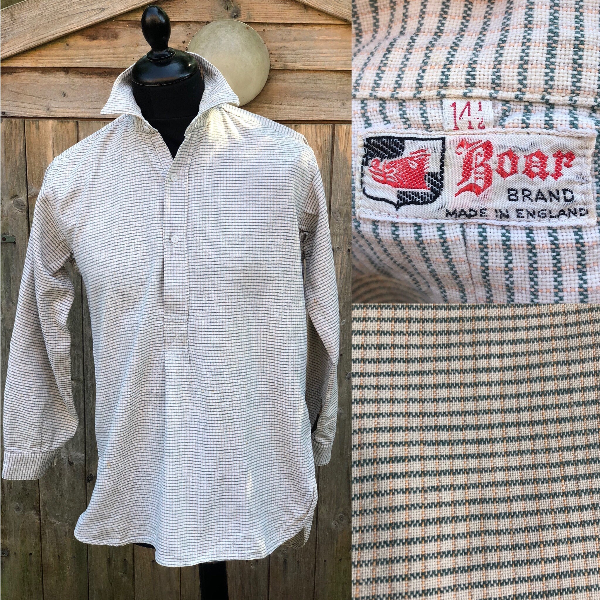 Image of 1940S 40S Vintage Men’S Pullover Half Placket Pop Over Chore Workwear Boar Work Shirt Ww2 Made in England Heavy Cotton Check Size Small-Med