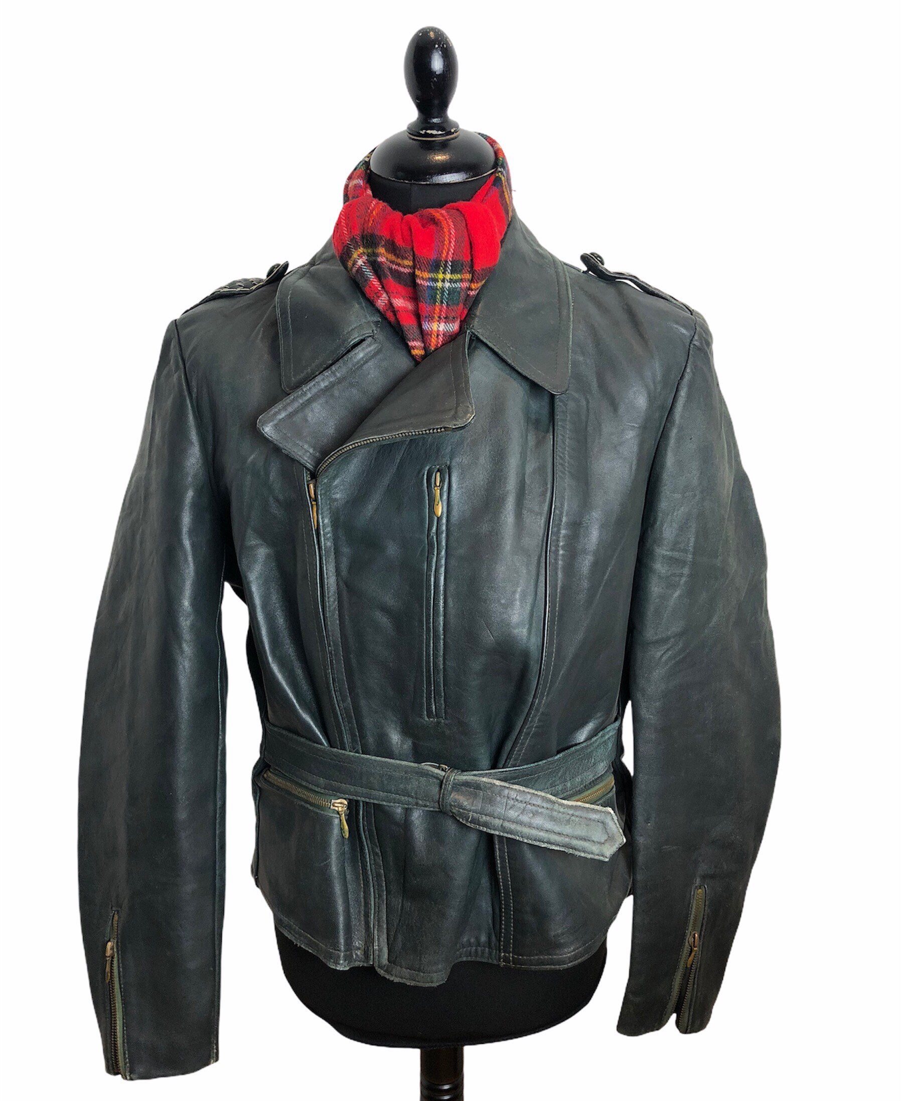 Image of 1940S 40S 50S 1950S Vintage German Dark Bottle Green Leather Motorcycle Biker Jacket Zip Ww2 Era Racing Motorbike Size Large 42"