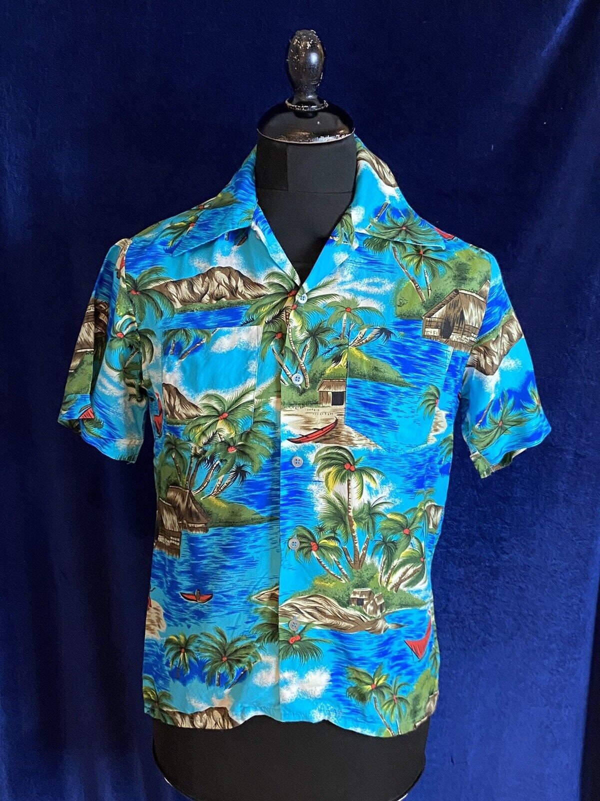 1980’S HUTSPAH MADE IN USA RAYON PALM TREES HAWAIIAN S/S SHIRT SMALL