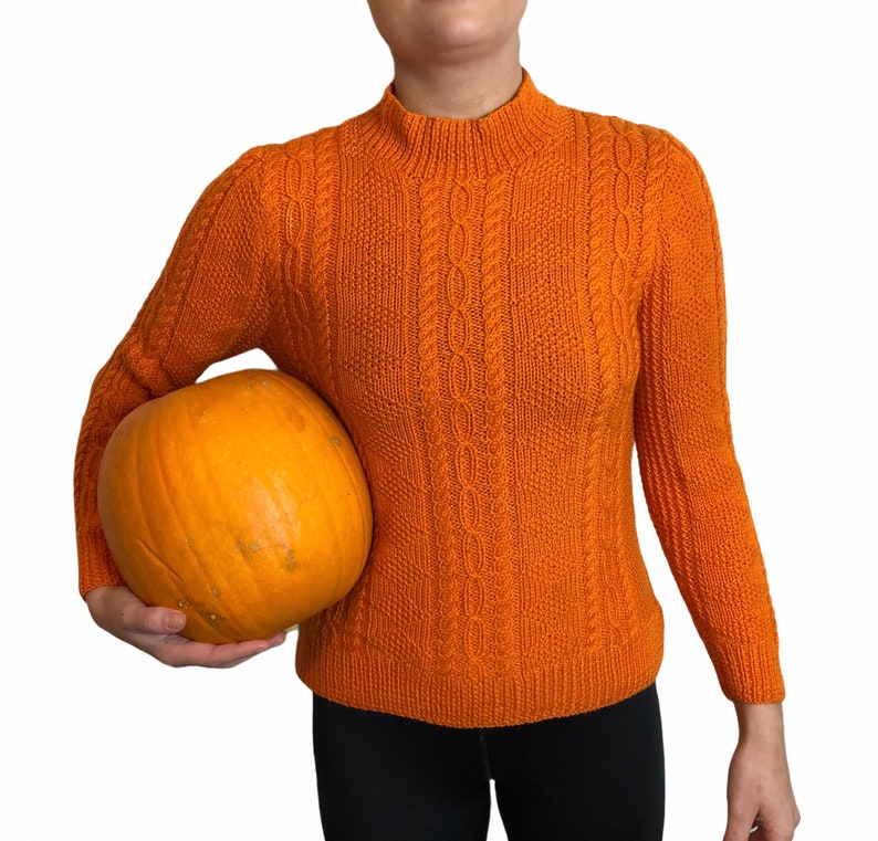 Vintage ladies women\u2019s handknitted hand knit wool pumpkin orange arran winter festive jumper fisherman 60s 70s size medium