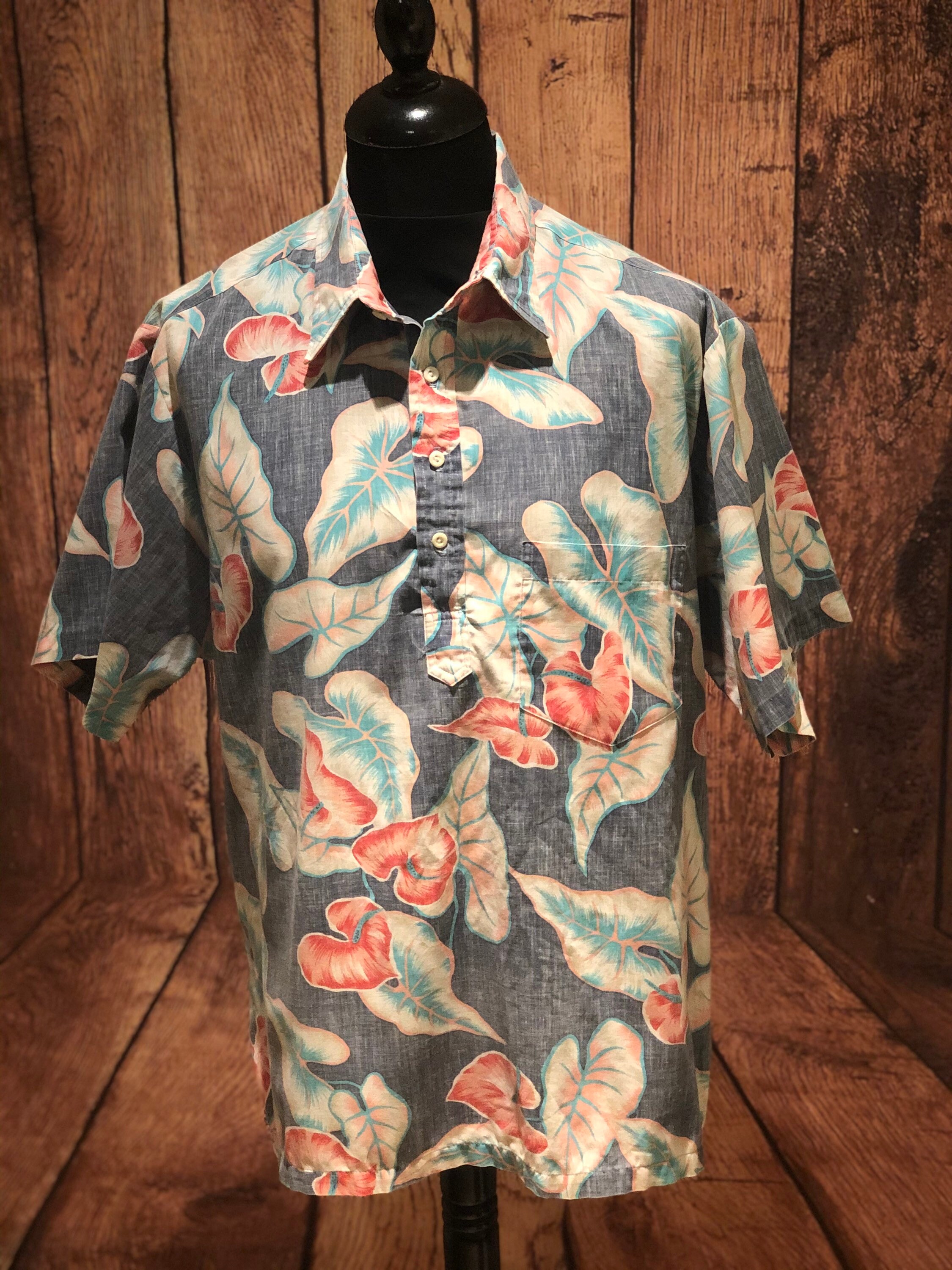 Image of 1970S 70S Pullover Popover Rjc Hawaiian Shirt Half Placket Made in Hawaii Usa Ivy League Trad Beach Summer Floral 50S Rockabilly Size Xl