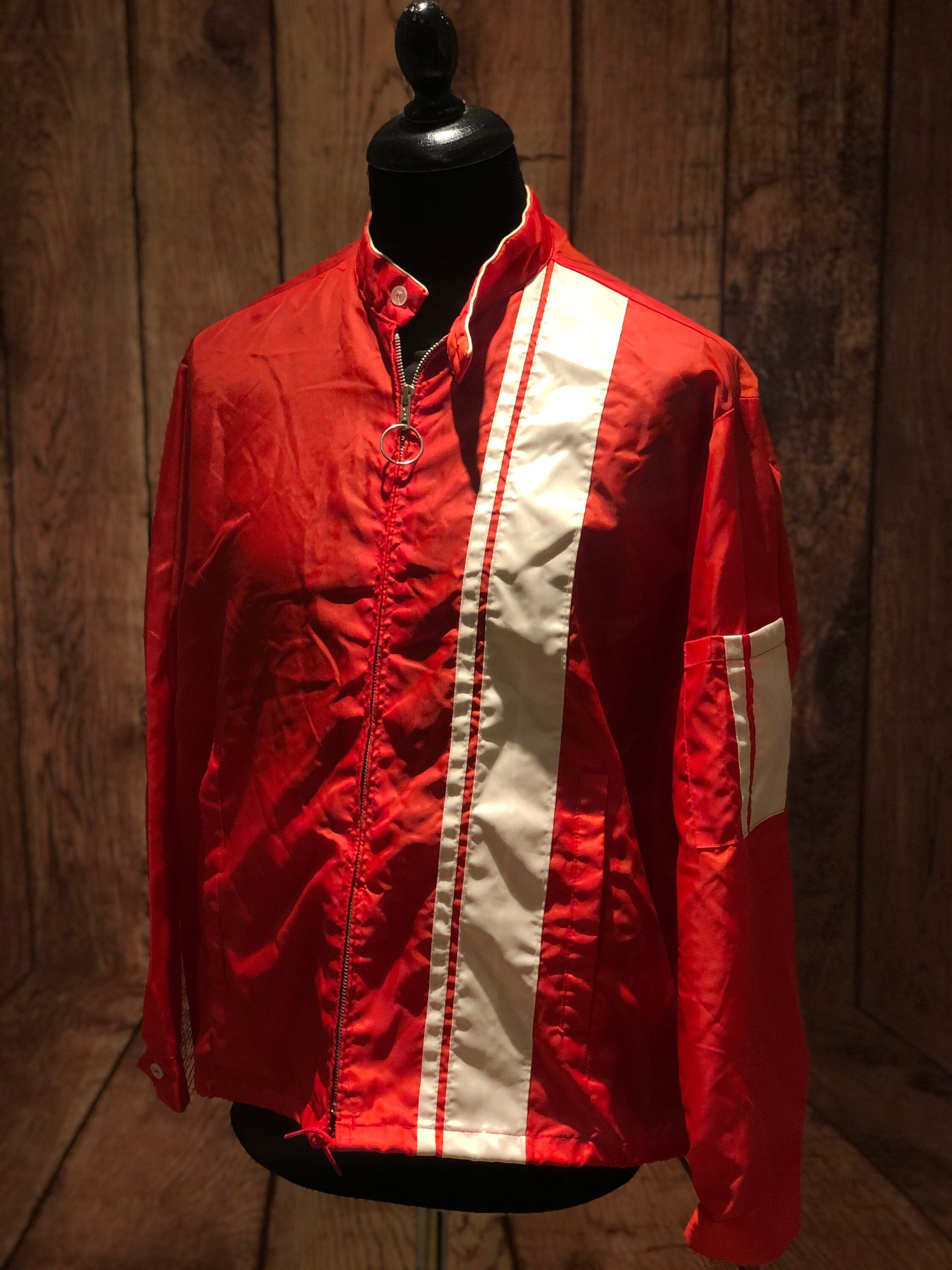 Image of 1970S 70S Windbreaker Striped Motorcycle Sports Jacket Harrington 60S Mod Cafe Racer Ykk Usa Preppy Red White Size Medium