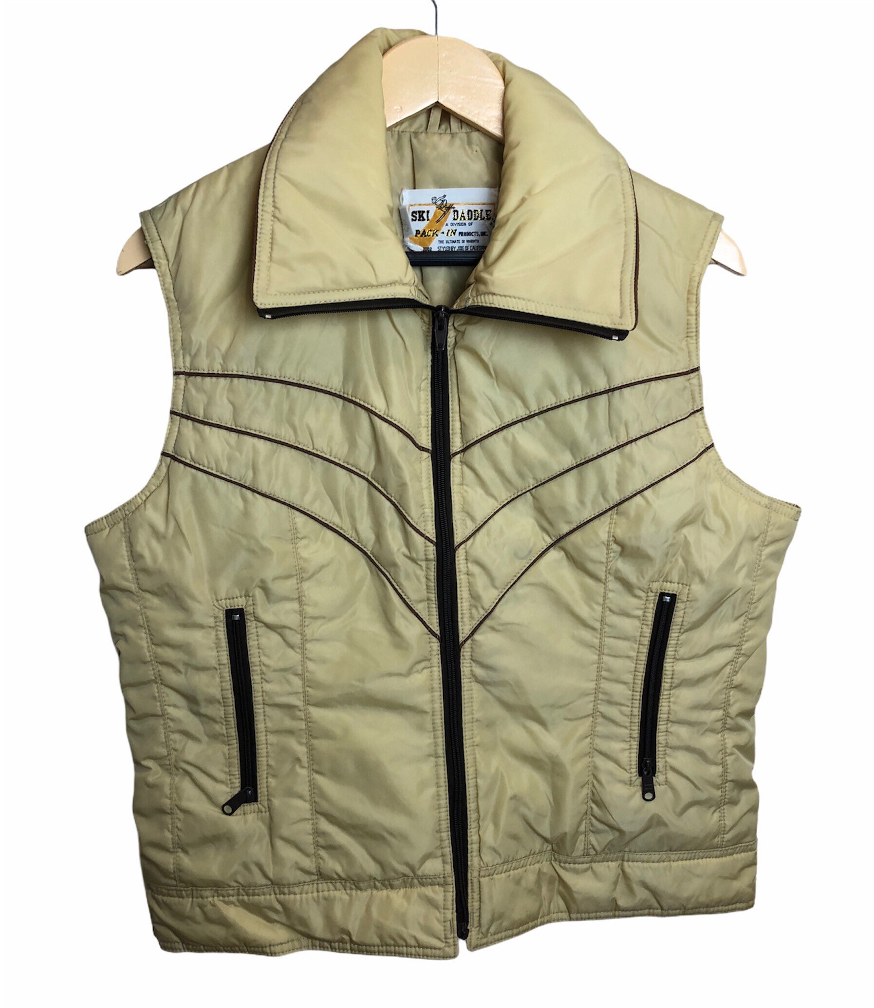 Image of 1970S 70S 80S Ski Daddle Duck Down Gilet Vest Skiing Outdoors Jacket Puffa Coat Sleeveless Cream Yellow Brown Ykk Zip Size Medium