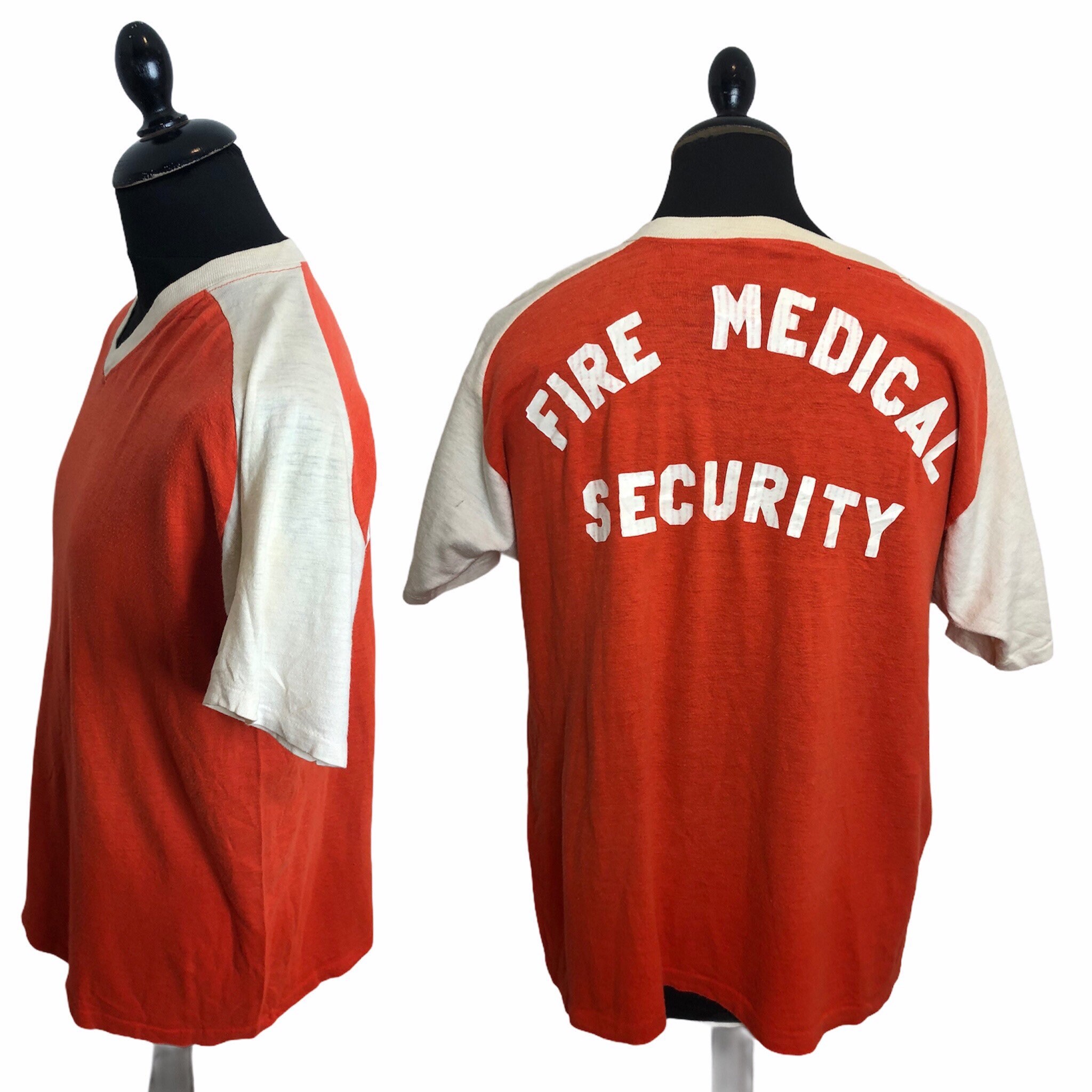 Image of 1970S 70S Made in Usa Single Stitch Vintage T Shirt Screen Printed Fire Medical Security Orange Cream Unusual Size Xl