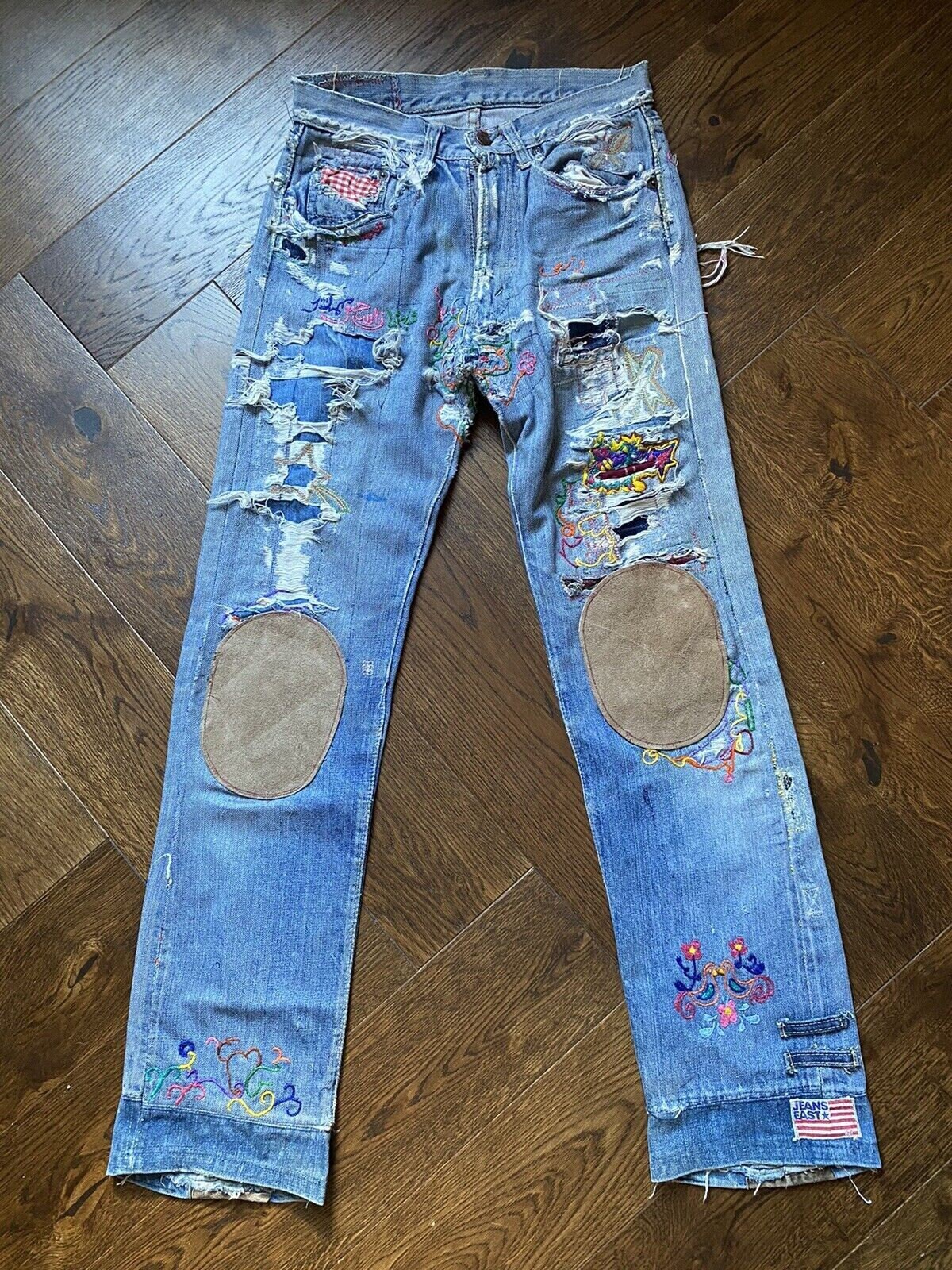 1960s Levis Big E Hippie Selvedge Denim Patchwork Customised Jeans  