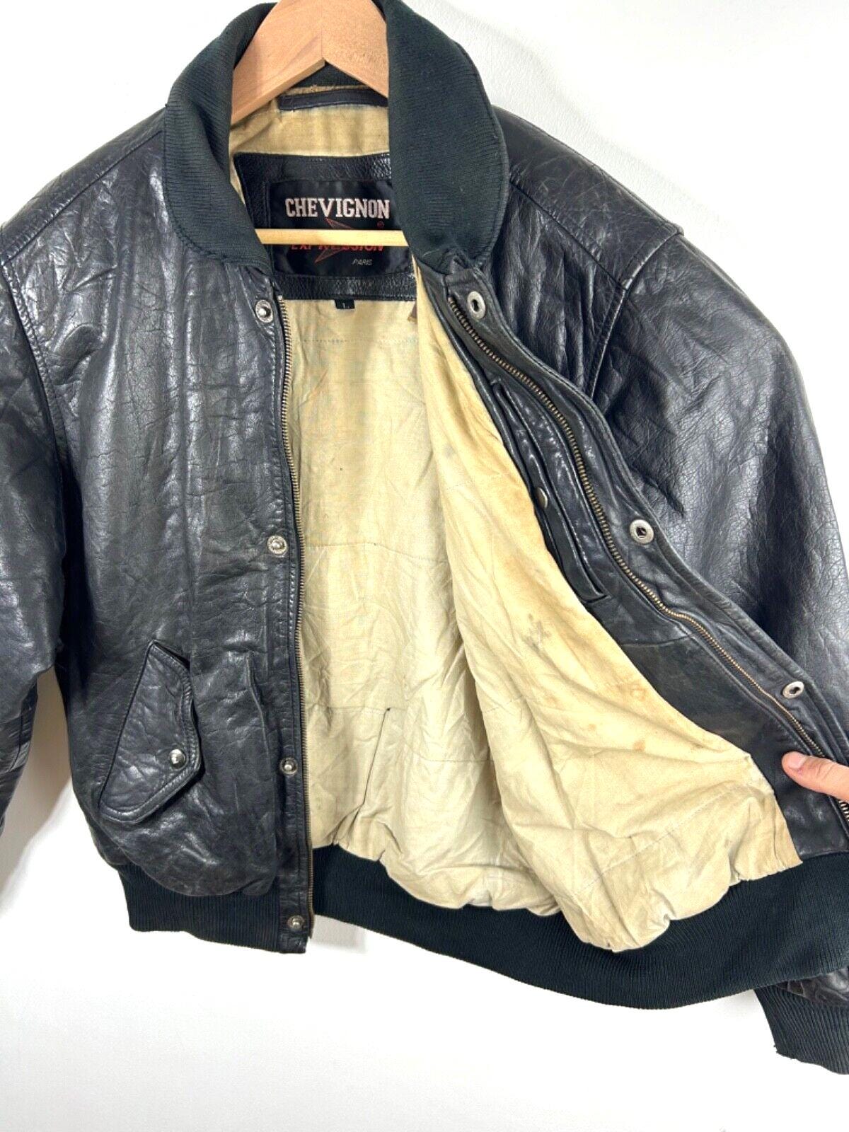 Chevignon Leather Jacket Black Bomber Aviator 90s Vintage Chevignon Leather Jacket Black Bomber Aviator 90s Vintage