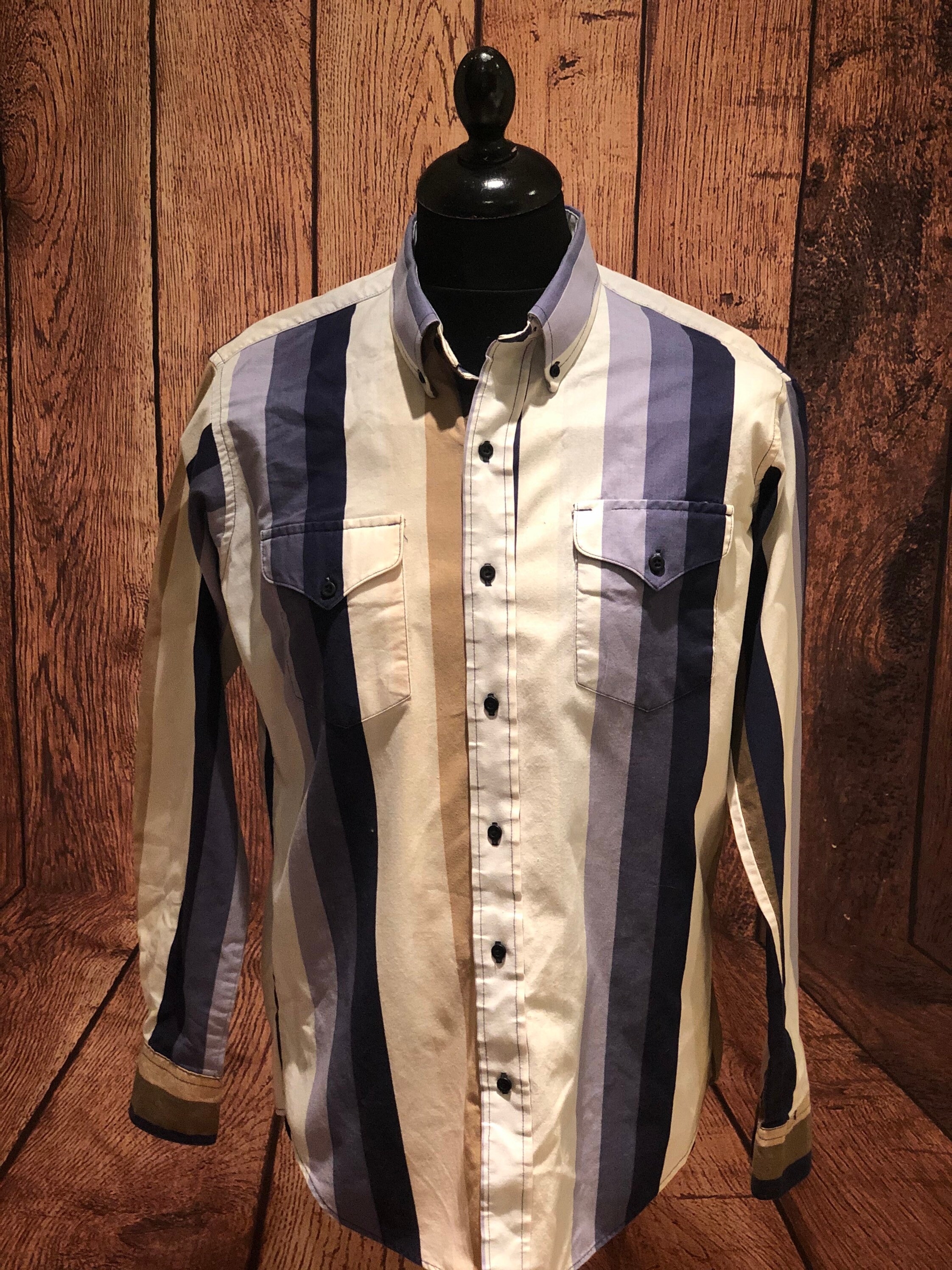 Image of 1980S 80S Ruddock Bro’S Made in Usa Western Striped Cotton Mod Button Down Rugged Ivy Blue Cream Size 15.5" Med
