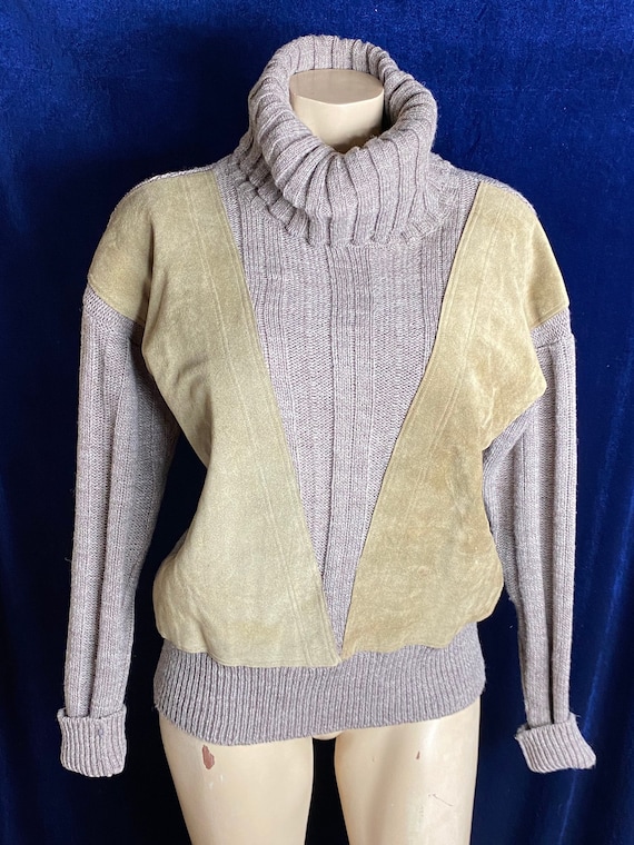 1960s pure wool and brown suede panel roll neck /… - image 1