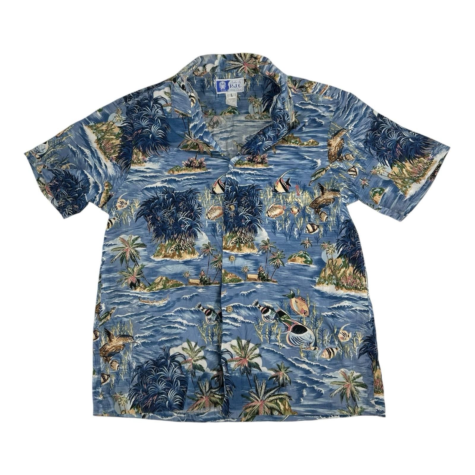 Vintage Hawaiian shirt RJC blue cotton Made in USA tiki Summer Aloha Mens L