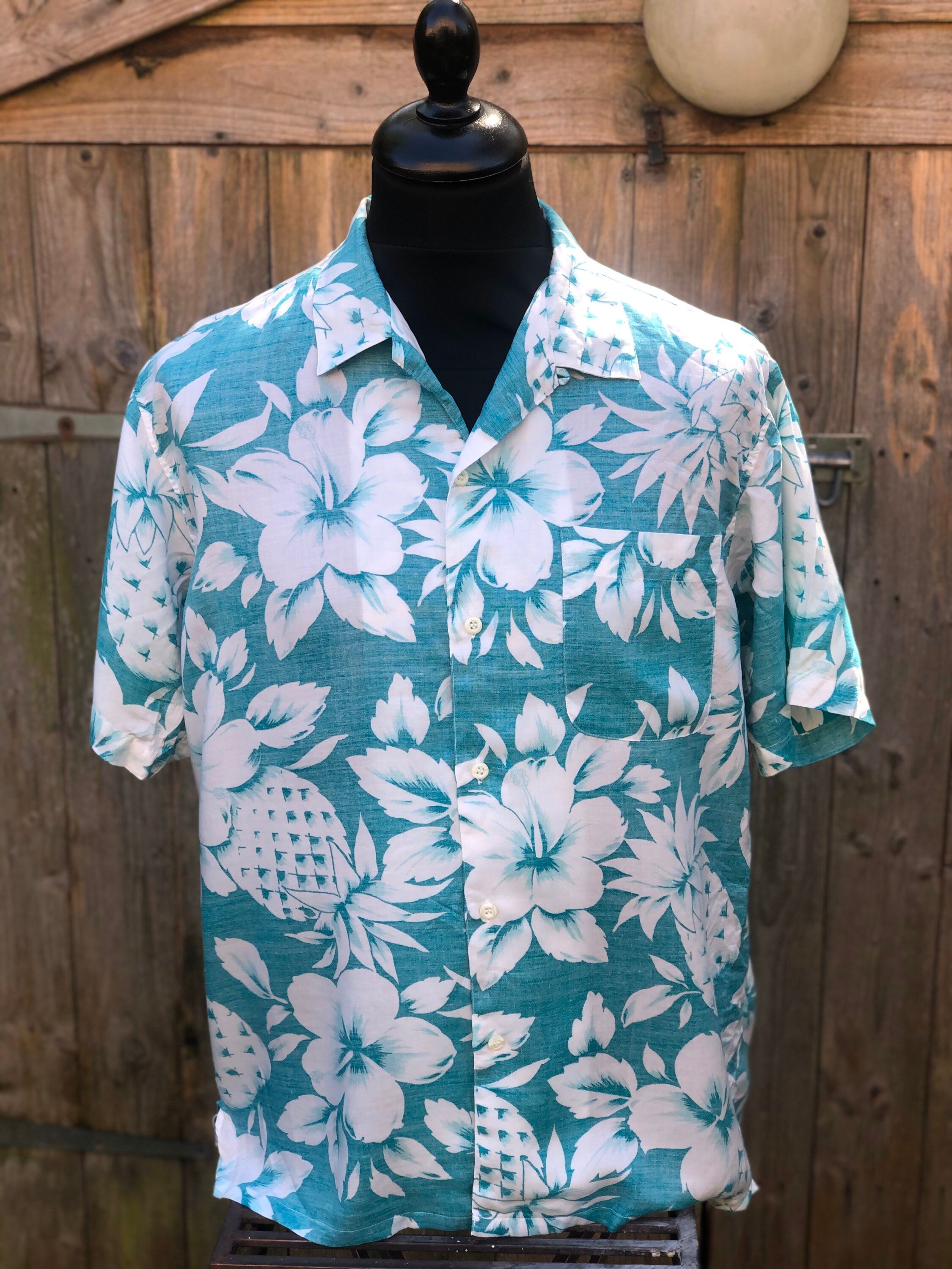Image of 1970S 70S 80S Hawaiian Loop Collar Turquoise Green Flower Tiki Rockabilly Rock N Roll Summer Beach Miami Vice Shirt Size Large
