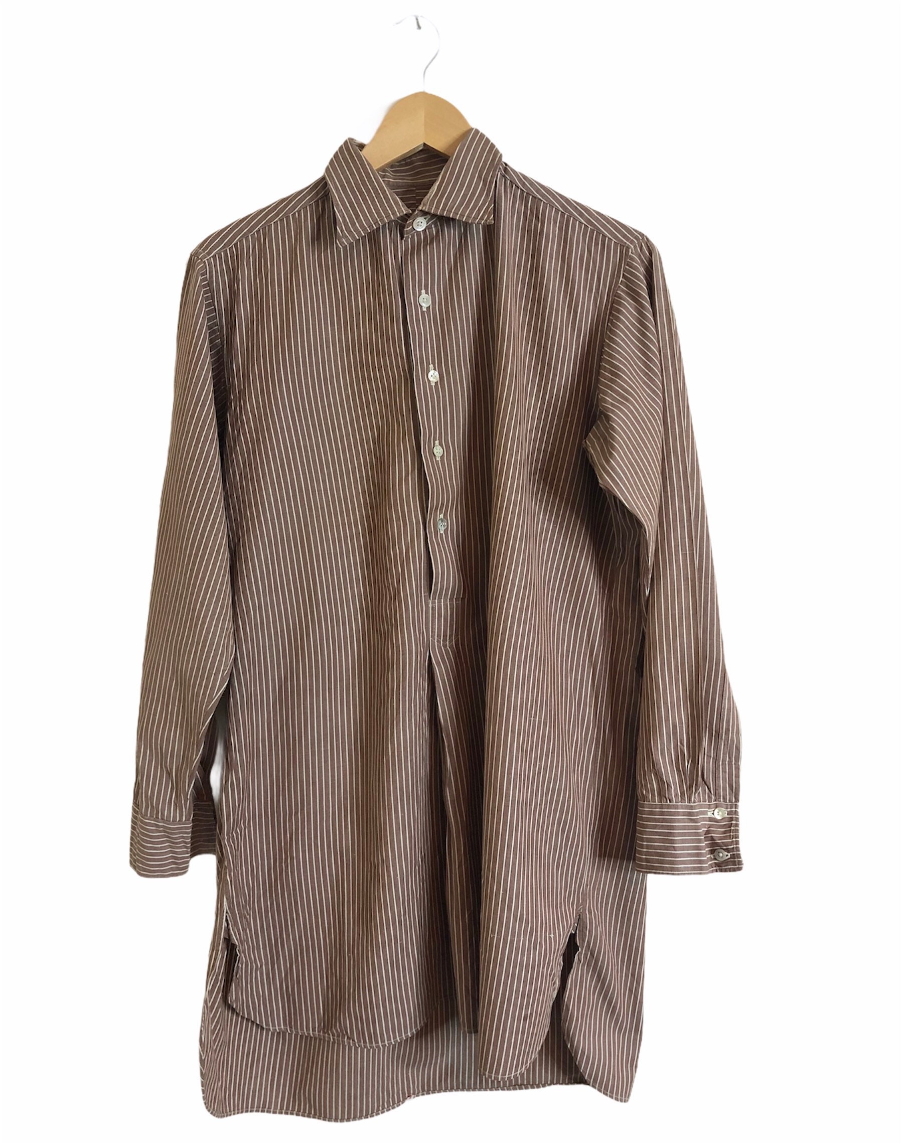Image of 1930S 30S 40S Vintage Pullover Brown Oxford Stripe Workshirt Chore Workwear French Ww2 20S 50S Half Placket Spear Collar 15"