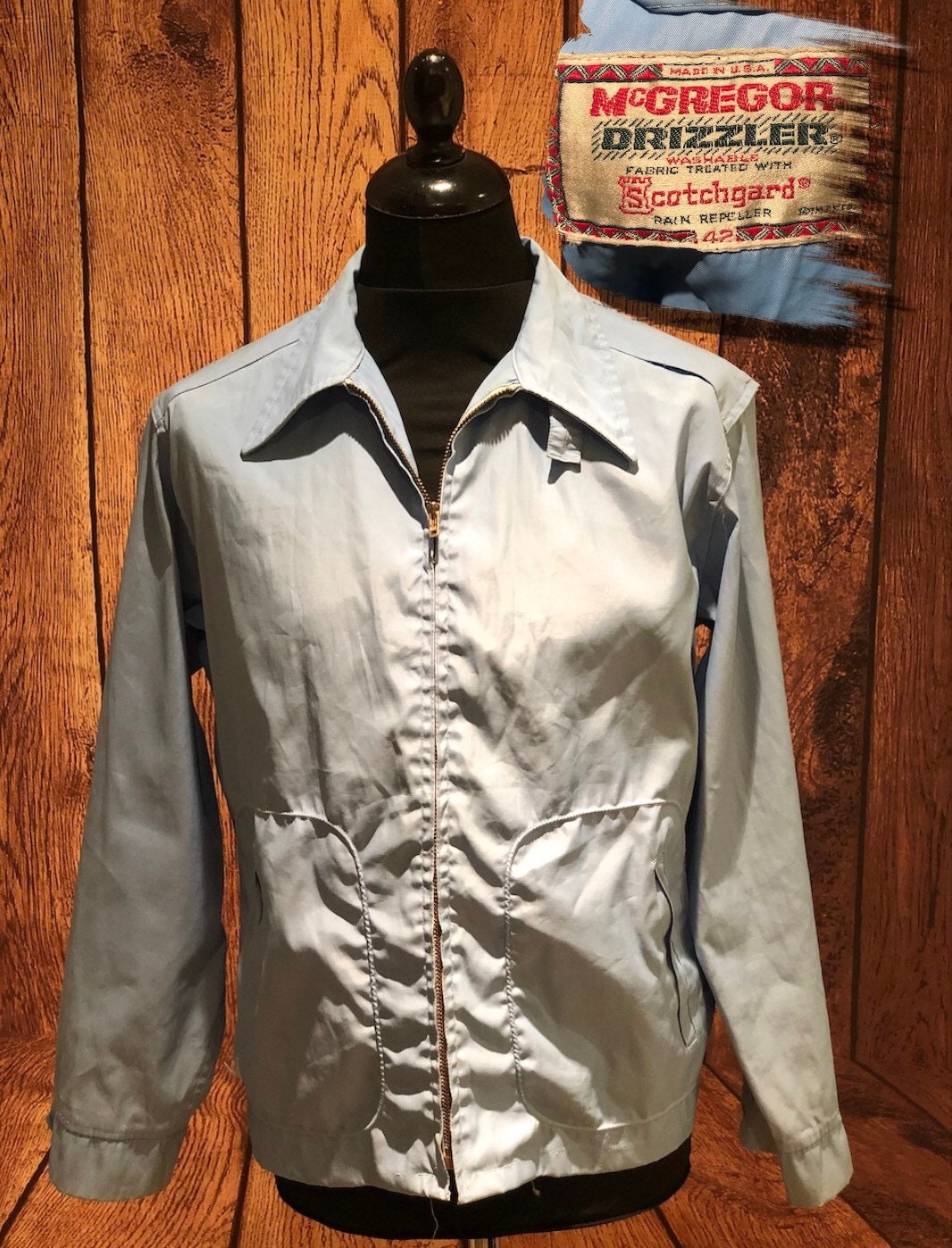 Image of 1950S 50S 60S Windbreaker Harrington Waterproof Showerproof Jacket Bomber Mcgregor Drizzler Usa Made Baby Blue Mod Rockabilly Ivy League 42"