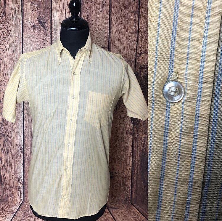 Image of 1960S 60S Polycotton Striped Permanent Press Button Down Ivy League Mod Skinhead Yellow Blue Stripes Size Xs 14" 14.5"