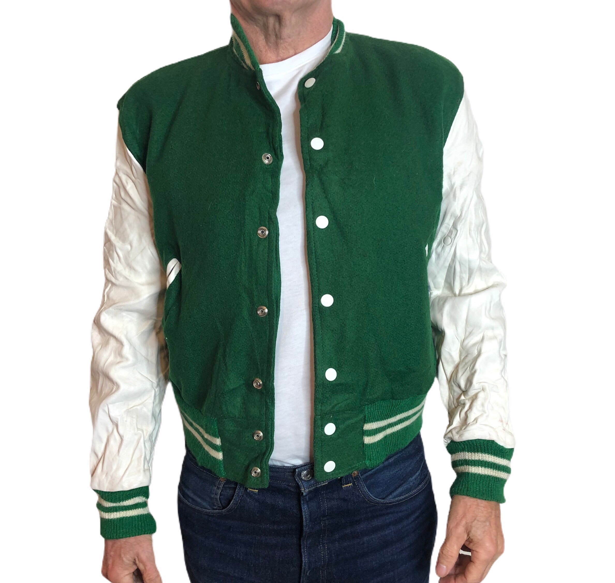 Image of 1970S 80S Varsity Letterman College School Usa Jacket Bomber Baseball Ivy League Trad 50S Rockabilly Green White Leather Wool Size 38" S