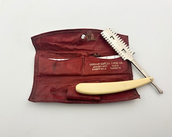 Vintage straight razor Durham Duplex shaving cut throat safety in red leather carrying case C. 1911