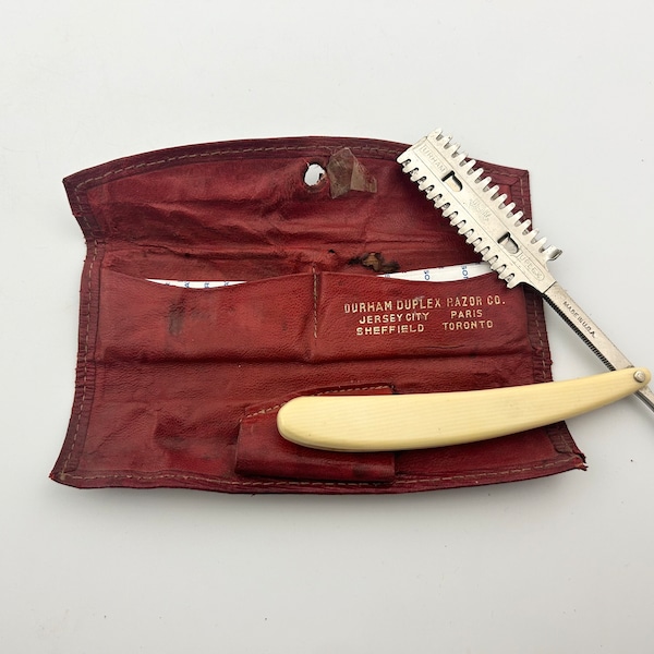 Vintage straight razor Durham Duplex shaving cut throat safety in red leather carrying case C. 1911