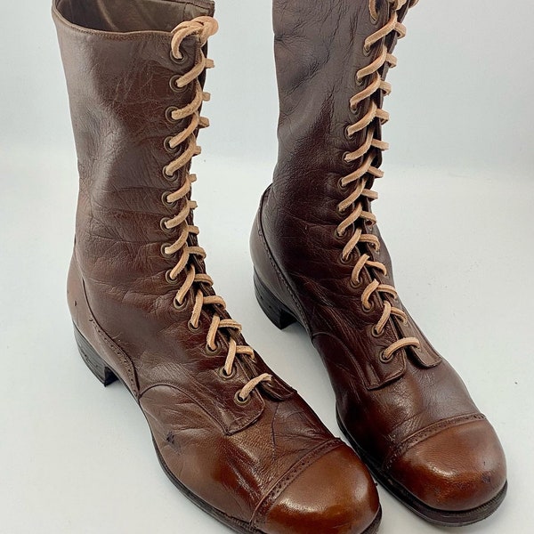 Incredible 1920s 1900’s rare Edwardian women’s ladies lace up Oxford toe cap brown boots antique Uk 3 - 3.5