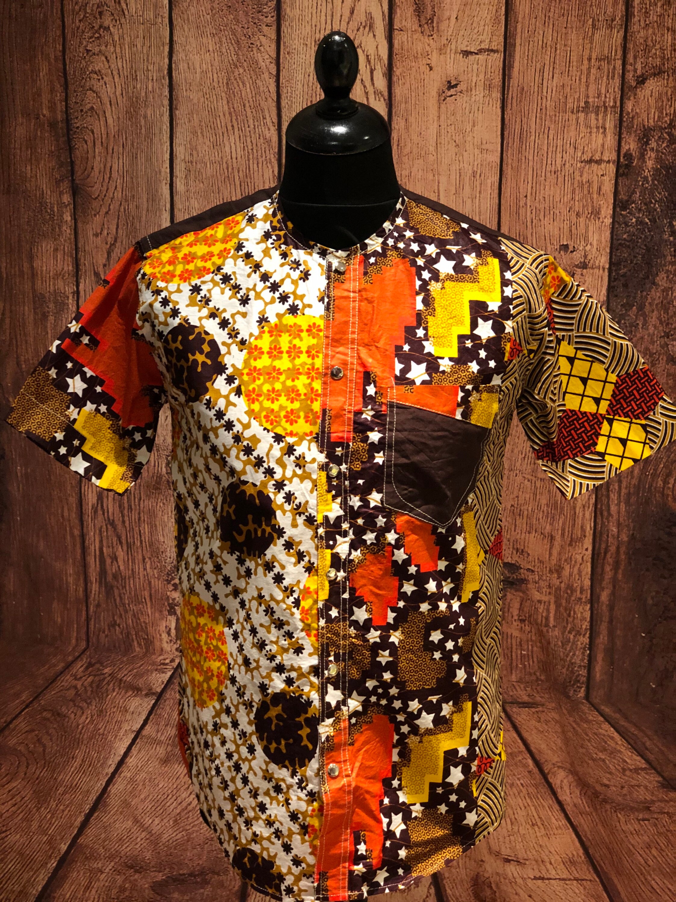 Image of 1970S 70S Wild Cotton Tiki Beach Ethnic African Hawaiian Press Stud Collarless Shirt Summer Loud Pattern Size Small 36"