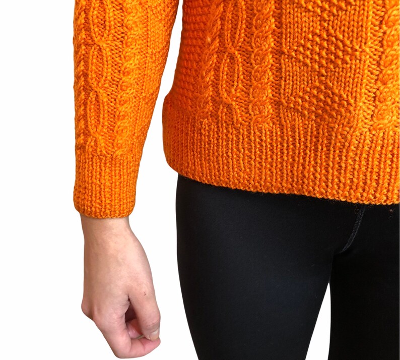 Vintage ladies women\u2019s handknitted hand knit wool pumpkin orange arran winter festive jumper fisherman 60s 70s size medium