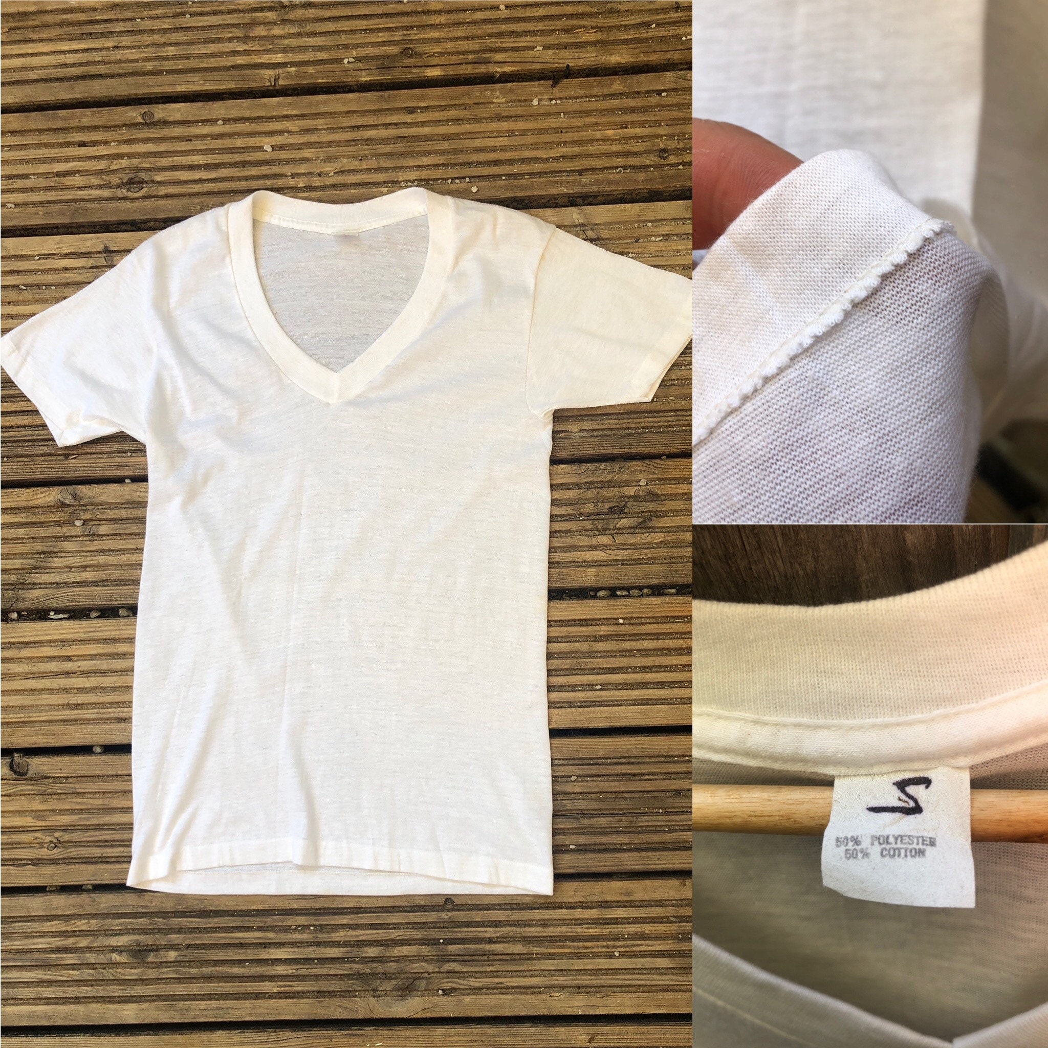 Image of 1970S V Neck Single Stitch White Polycotton Triblend Fitted T Shirt Disco 70S Style Hippie Mod Rare Size Small - Extra Small