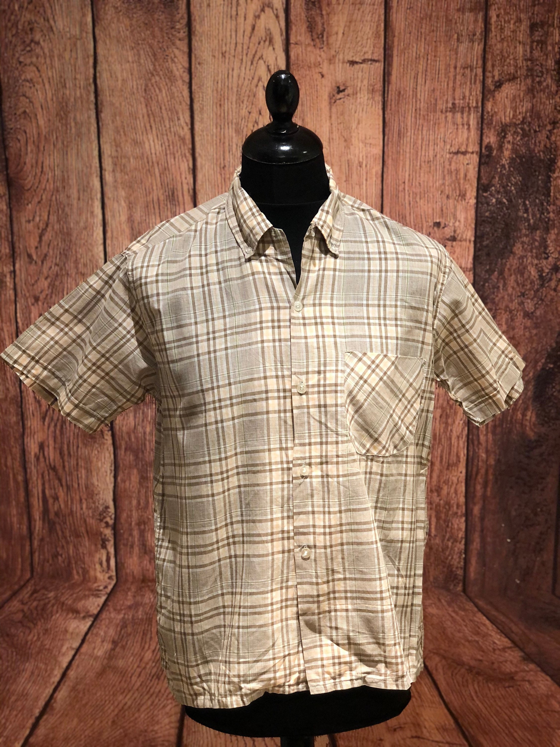 Image of 1960S 50S 60S Vintage Men’S Loop Collar Pure Cotton Check Button Down Shirt Made in Jamaica Midcentury Mod Trad Ivy League Rockabilly M