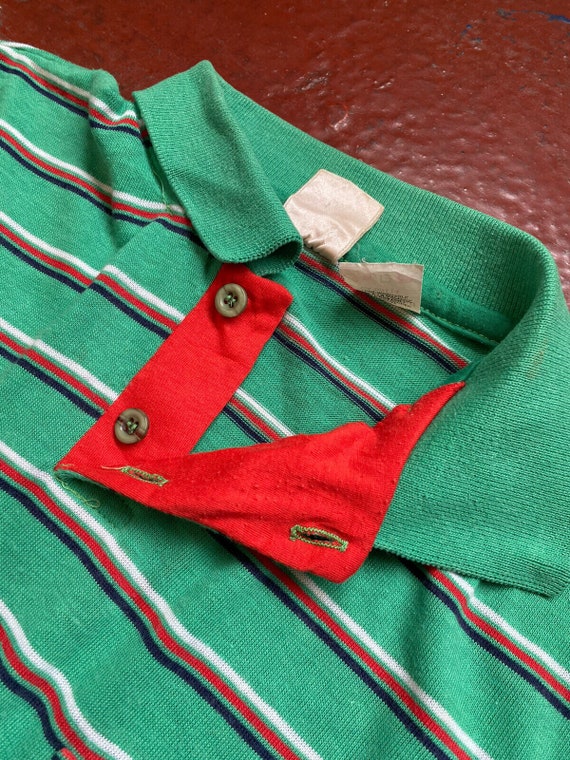 1970s - 80s Single stitch Green striped polo butt… - image 2
