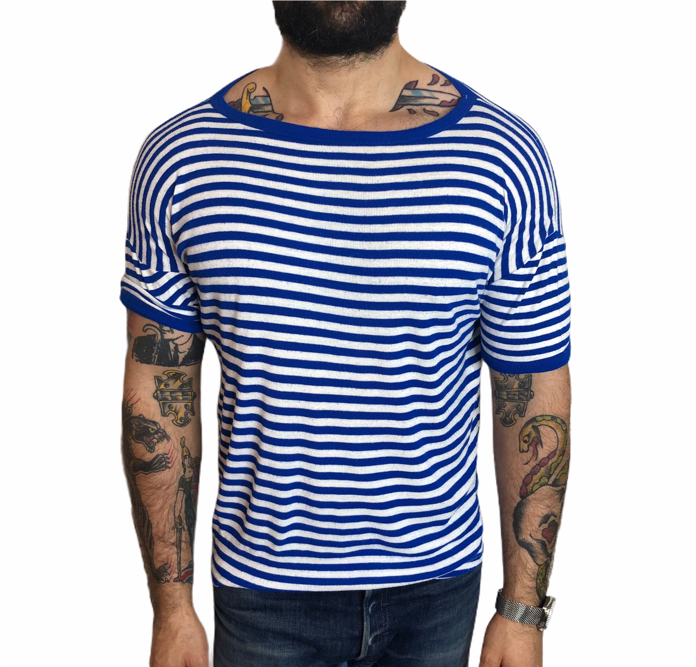 Image of 1970S 70S 80S Blue White Pure Cotton Scoop Neck Crewneck T Shirt Sailor Nautical 60S Mod 50S Rockabilly Stretchy Single Stitch Size Large