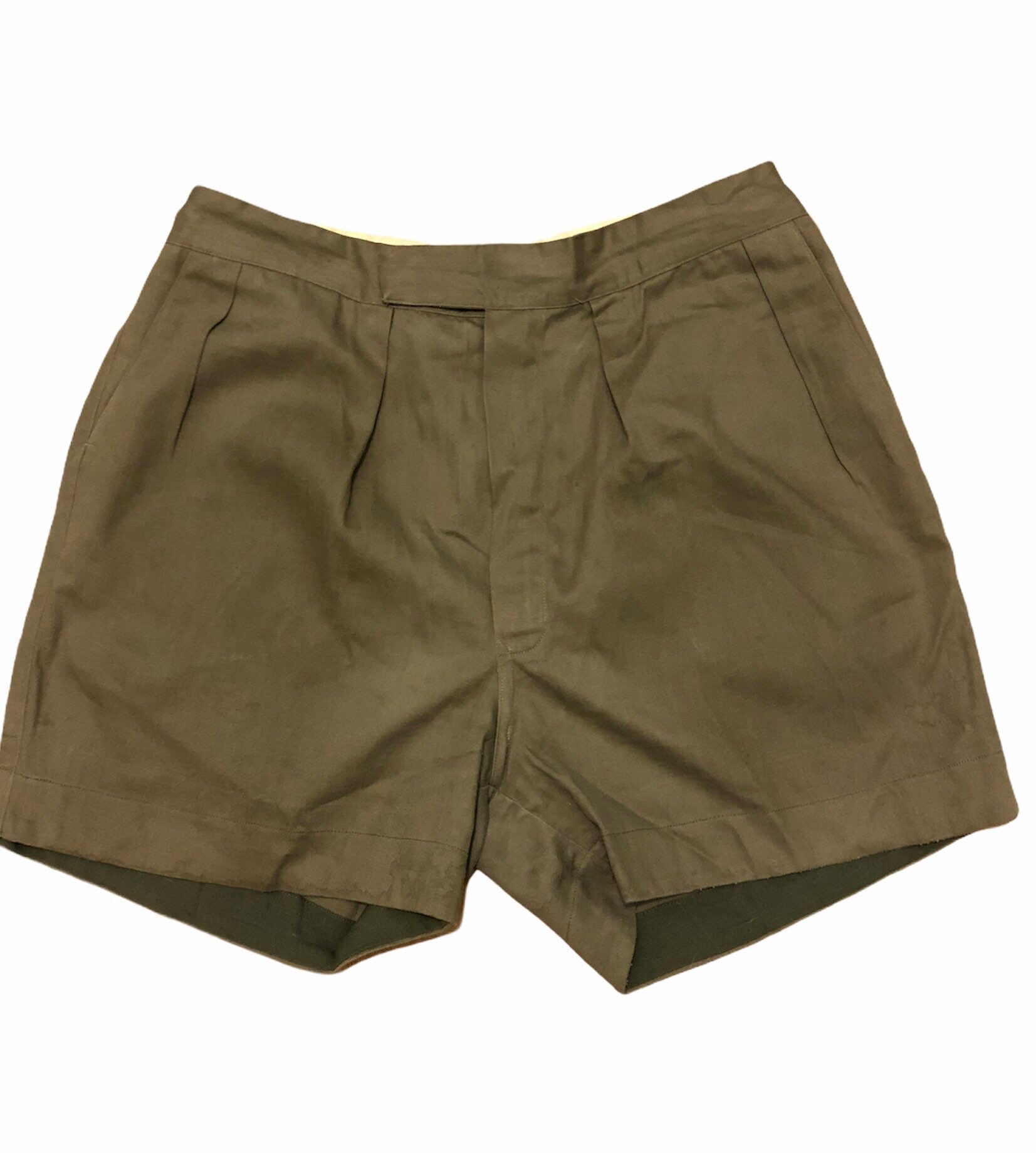 Image of 1940S 40S 50S Holdfast Cotton Khaki Olive Green Military Style Surplus Side Adjusters Pleated Shorts High Rise Ww2 Waist 40"