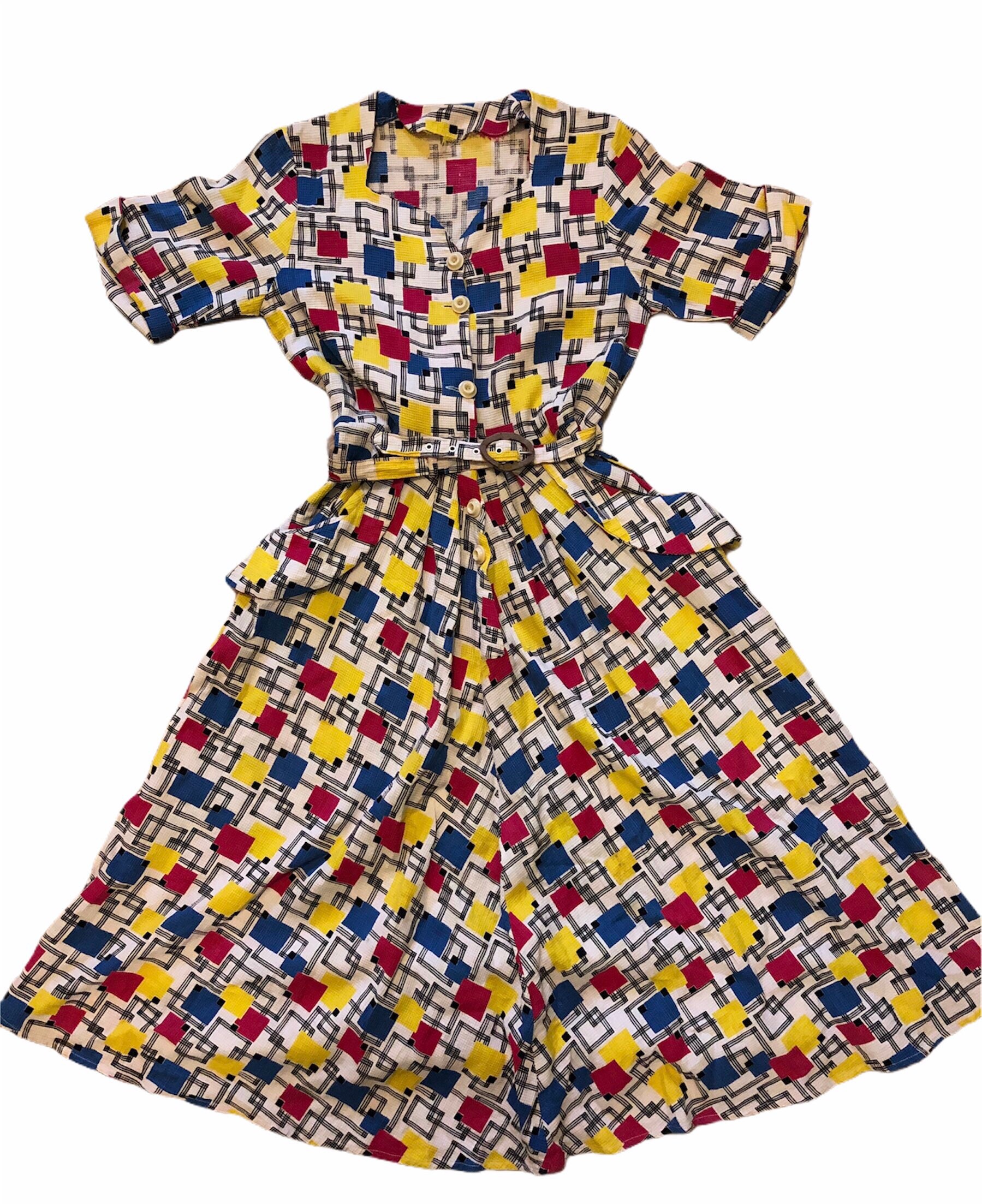 Image of Pristine S S Atomic Print Handmade Circle Skirt Button Up Belted Dress Pinup Rockabilly Geometric Cotton Ww Size Small Uk