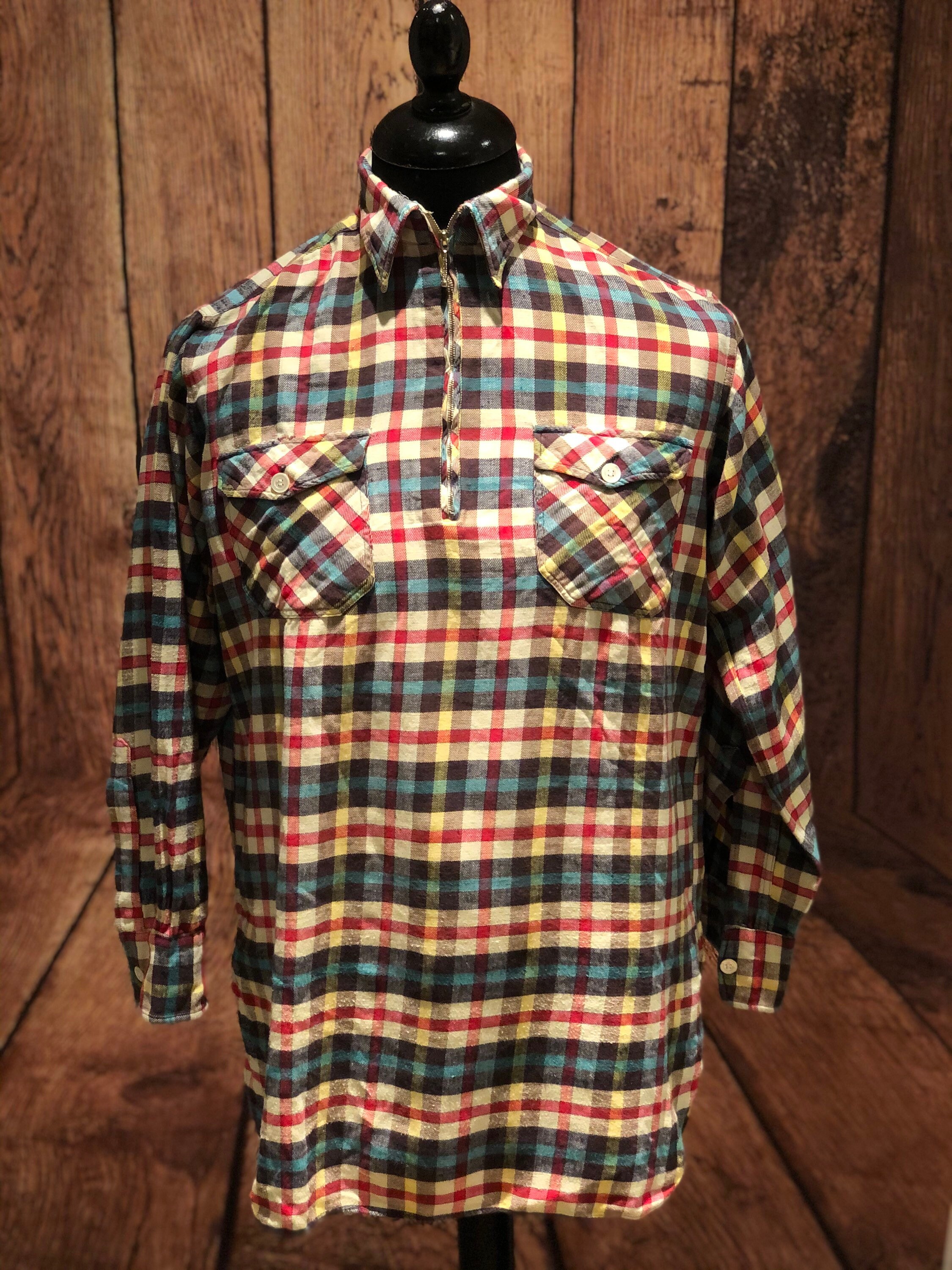 Image of 1950S 60S Check Flannel Zip Pocket Chore Workshirt Rockabilly Workwear 30S 40S Style Half Placket Pullover Small