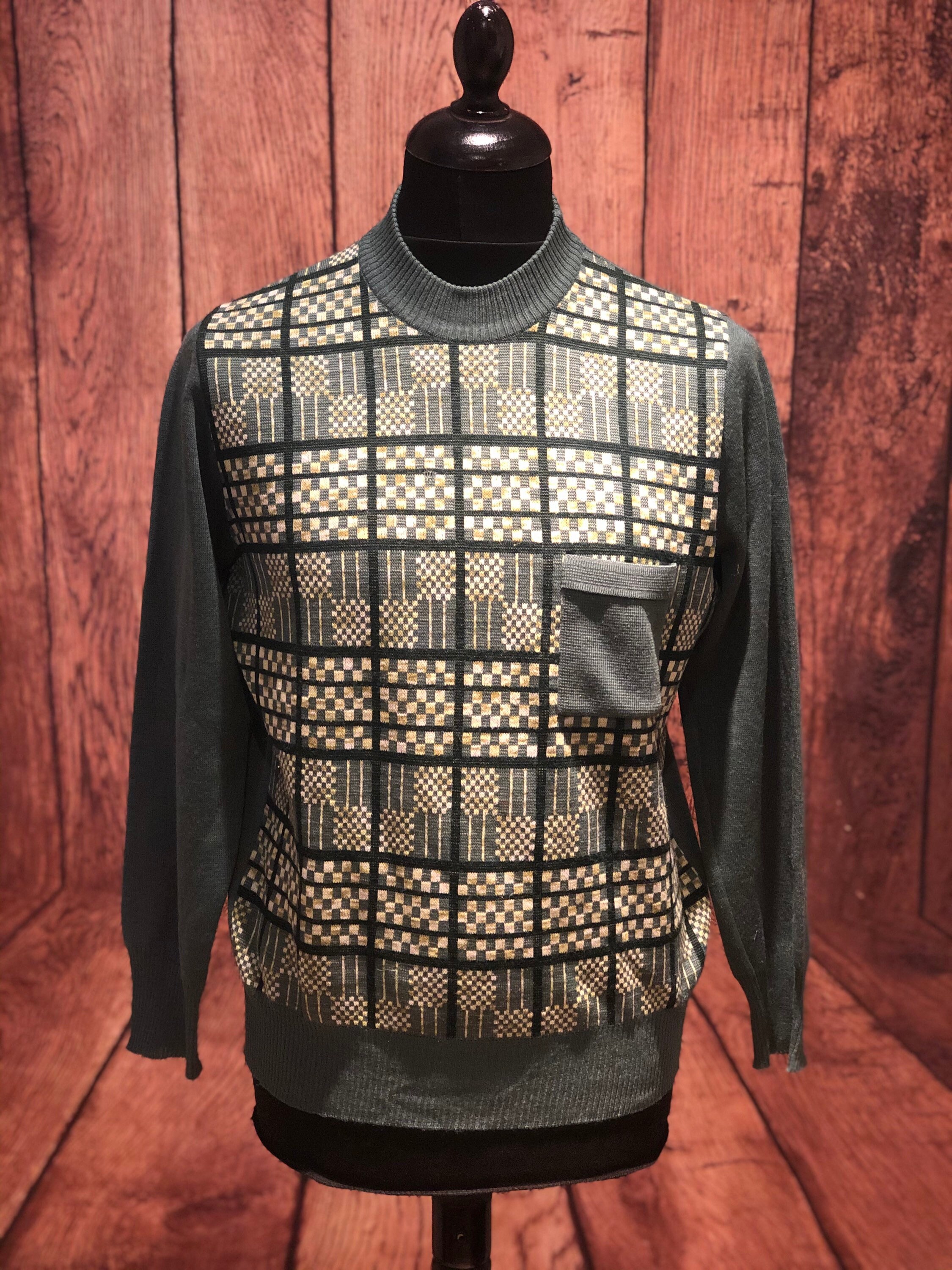 Image of 1970S 70S Acetate Green Check Crewneck Jumper 60S Mod Ratpack Madmen Rockabilly Like Gabbici Roberto Carlo Midcentury Size Large